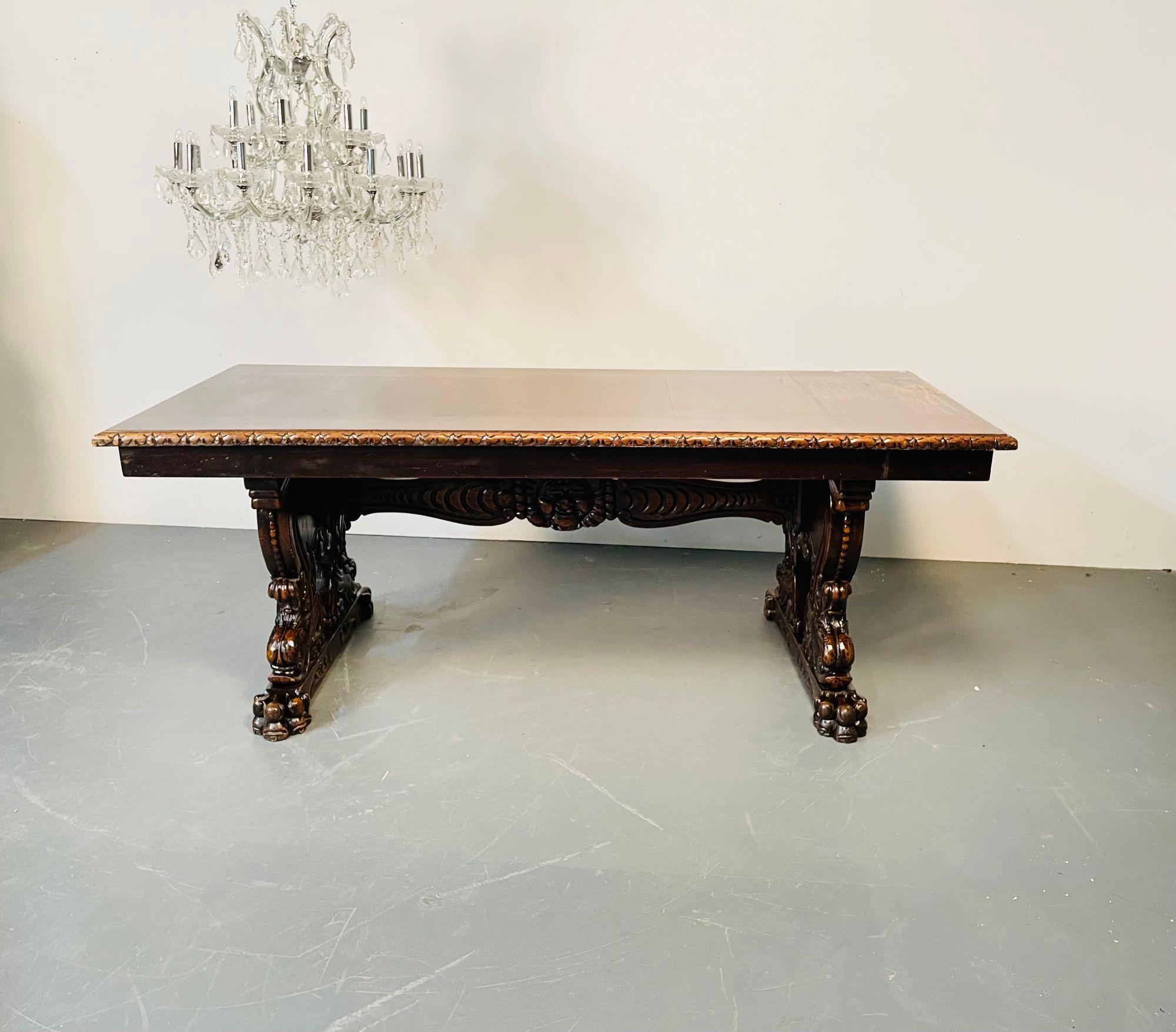 Renaissance Carved Dining Center Table, Dolphin Claw Foot Base, 19th Century In Fair Condition For Sale In Stamford, CT