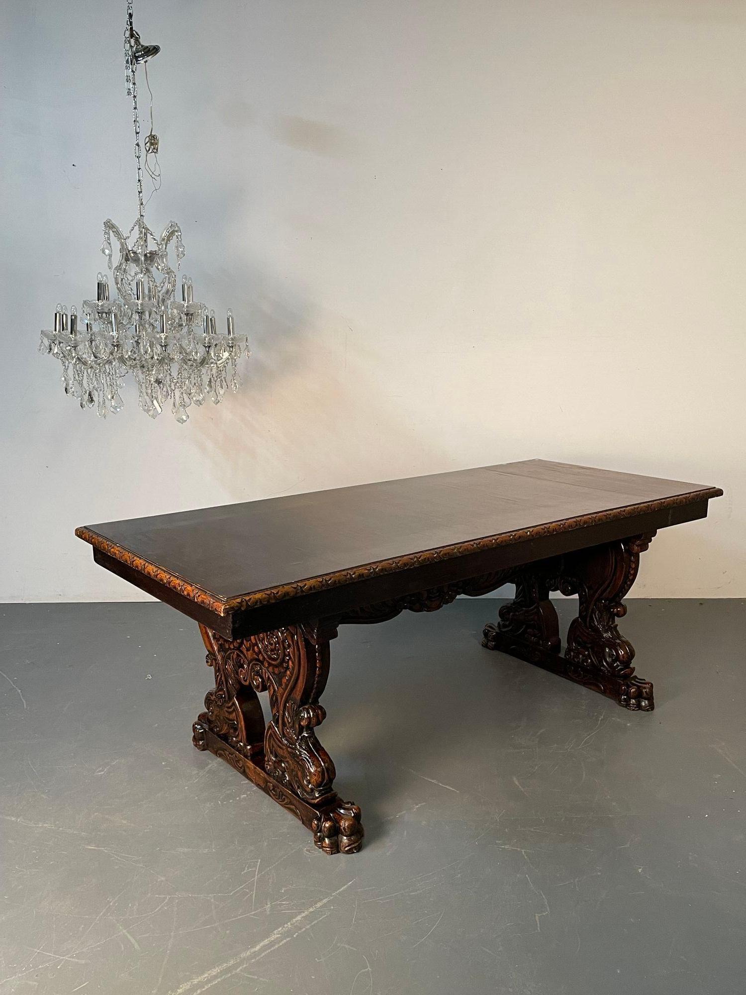 Renaissance Carved Dining Center Table, Dolphin Claw Foot Base, 19th Century For Sale 1
