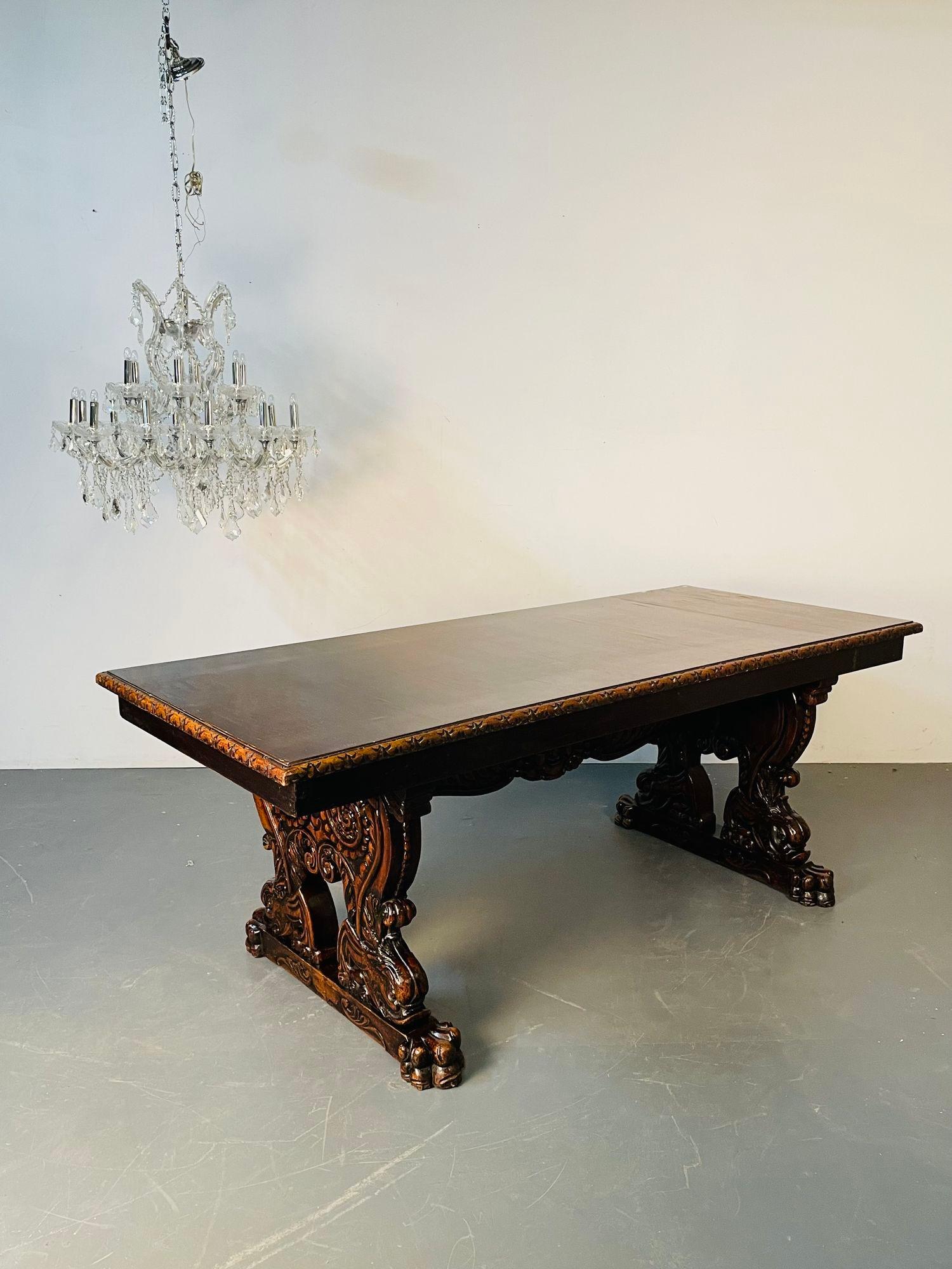 Renaissance Carved Dining Center Table, Dolphin Claw Foot Base, 19th Century 2