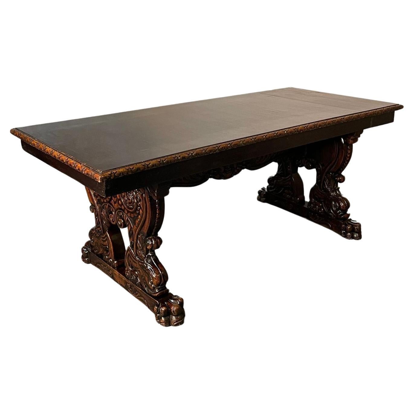 Renaissance Carved Dining Center Table, Dolphin Claw Foot Base, 19th Century For Sale