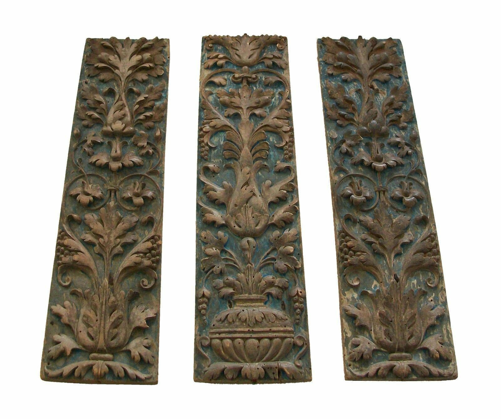 French Renaissance Carved & Painted Fruitwood Panels, Signed, France, 16th Century