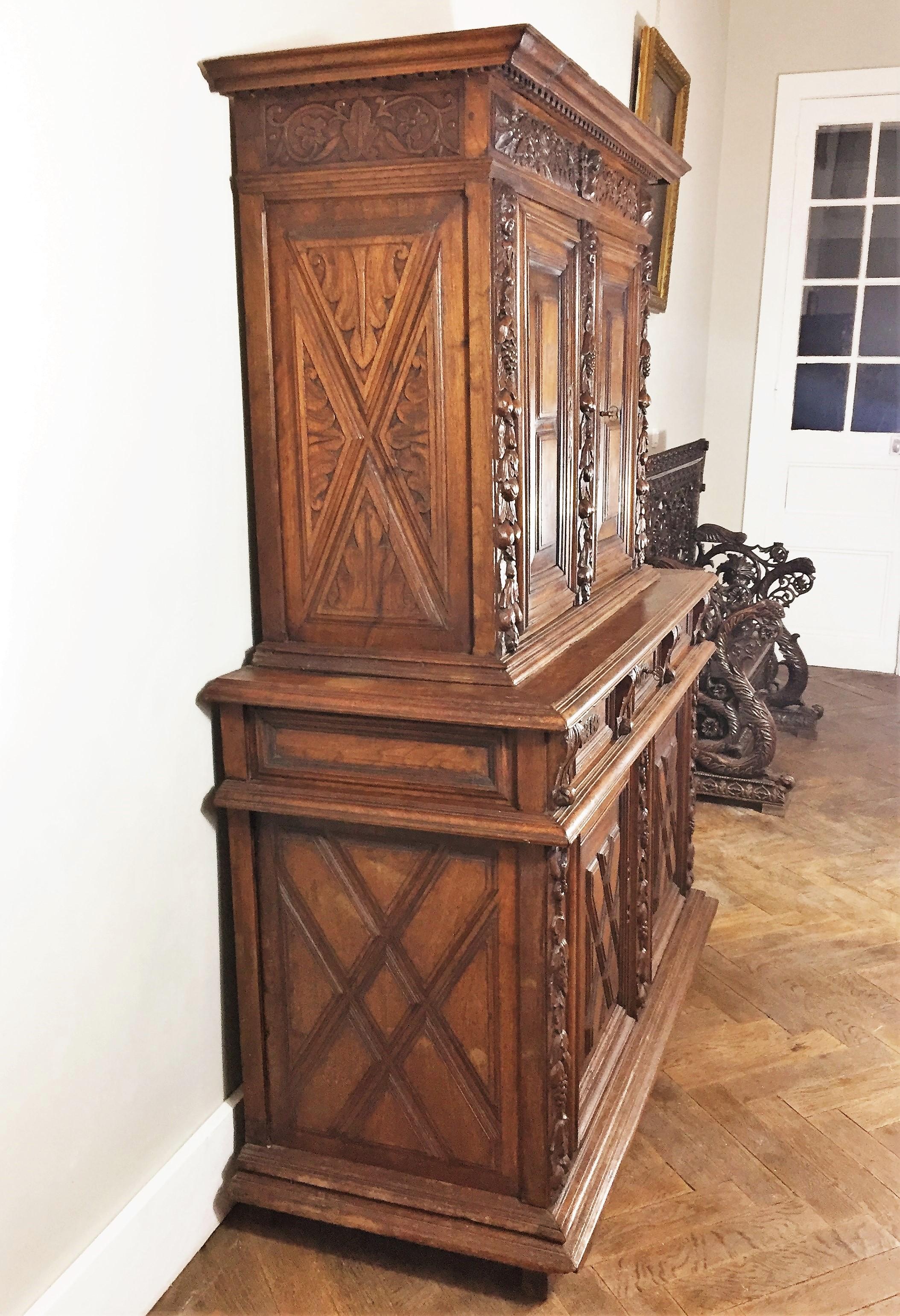 Iron French Carved Walnut Double Trunk Buffet - Renaissance circa 1600 - France For Sale
