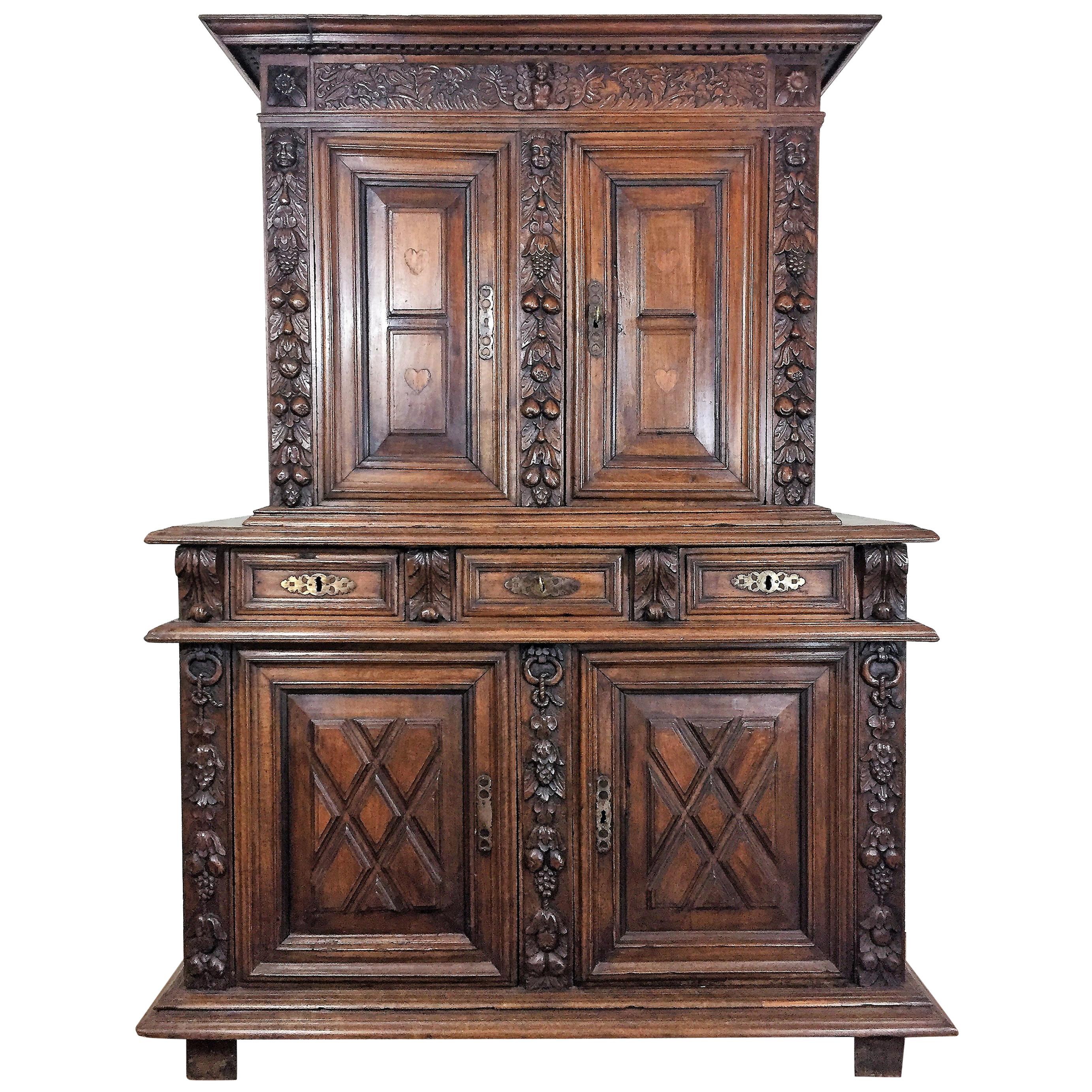 French Carved Walnut Double Trunk Buffet - Renaissance circa 1600 - France For Sale