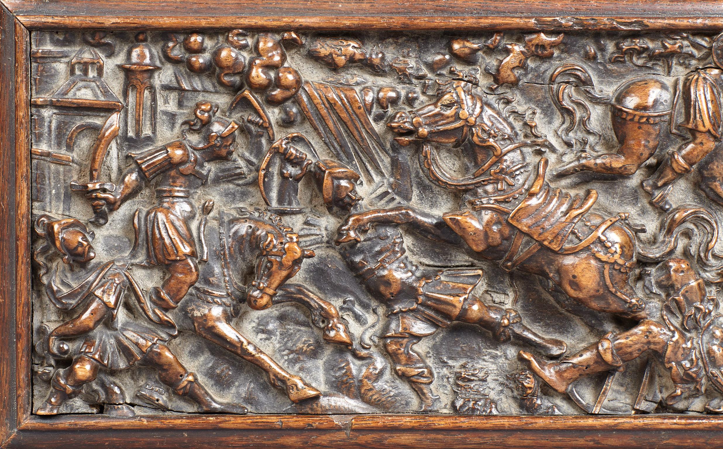 French Renaissance carved walnut narrative panel, 
circa 1560.


Depicting a battle scene from antiquity, with an Emperor or General thrown from his mount in battle.

Originally probably in a casket or small Coffer. 

There is a modern