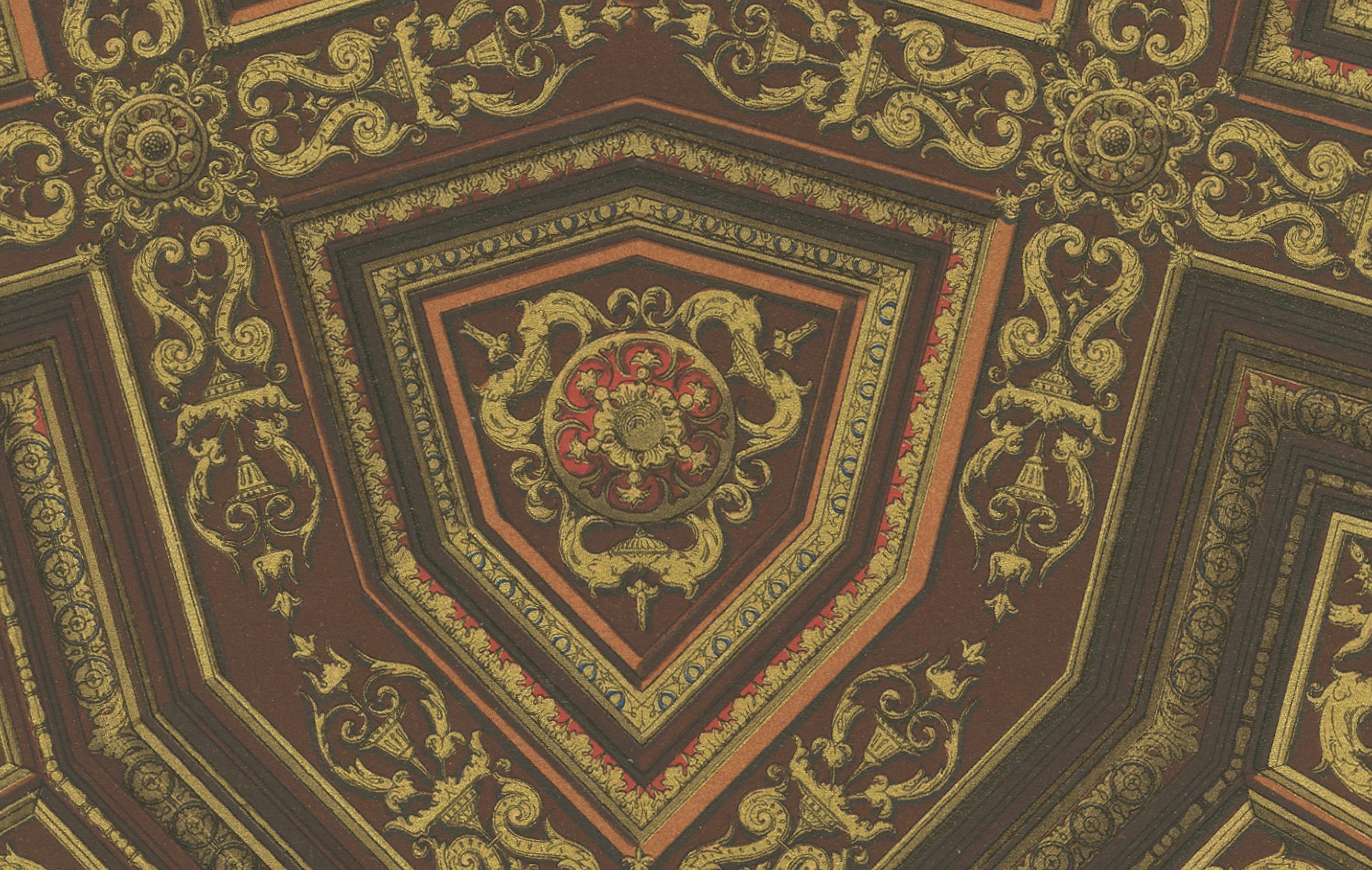 Renaissance Ceiling Design - Geometric Panel Pattern in Rich Gold and Red, Plate LXV (Plaque LXV)

Cette chromolithographie du XIXe siècle tirée de *L'Ornement Polychrome* (planche LXV) représente un plafond Renaissance aux motifs géométriques