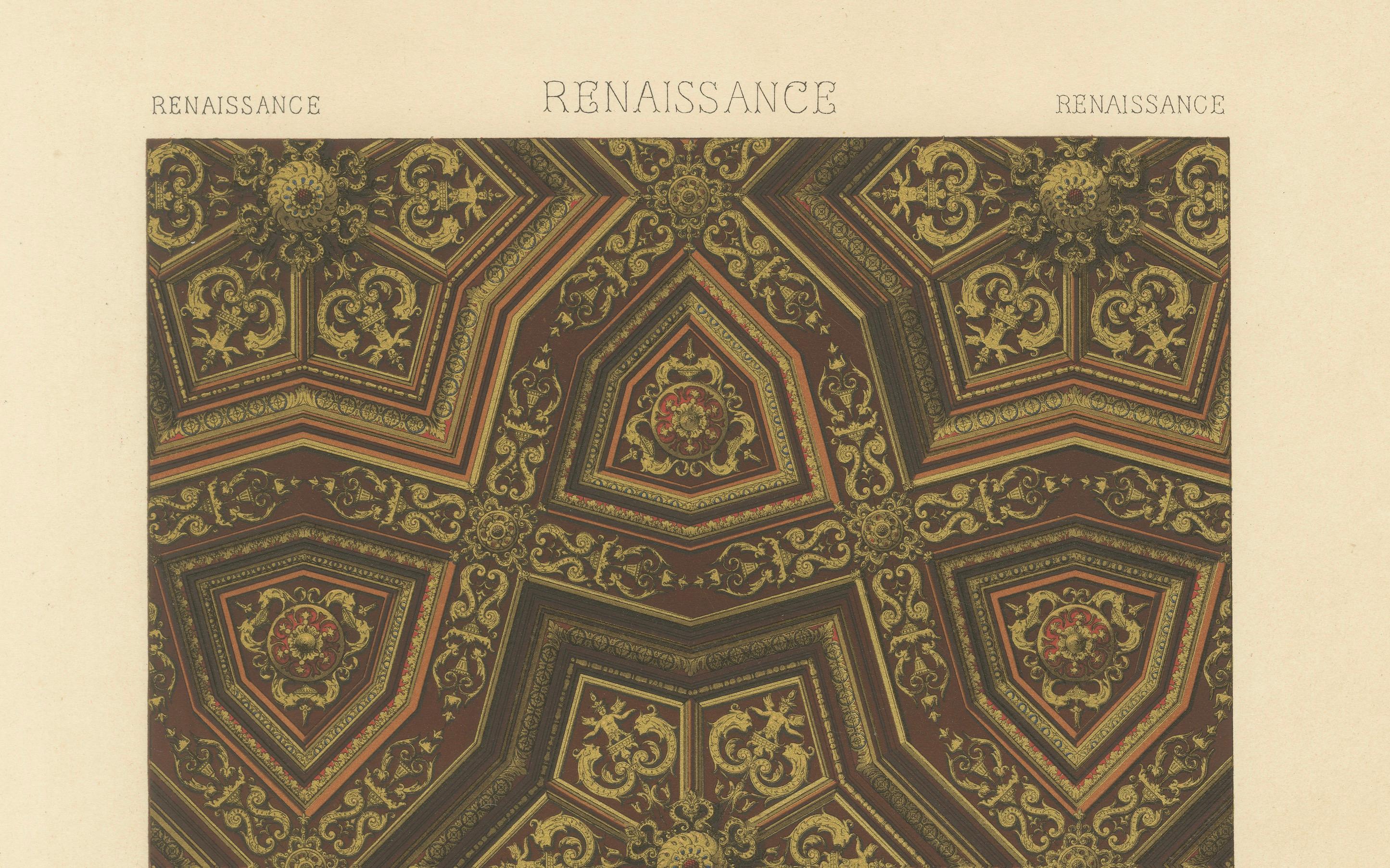Plafond de la Renaissance - Panneau géométrique or et rouge, planche LXV, 1869 Bon état - En vente à Langweer, NL
