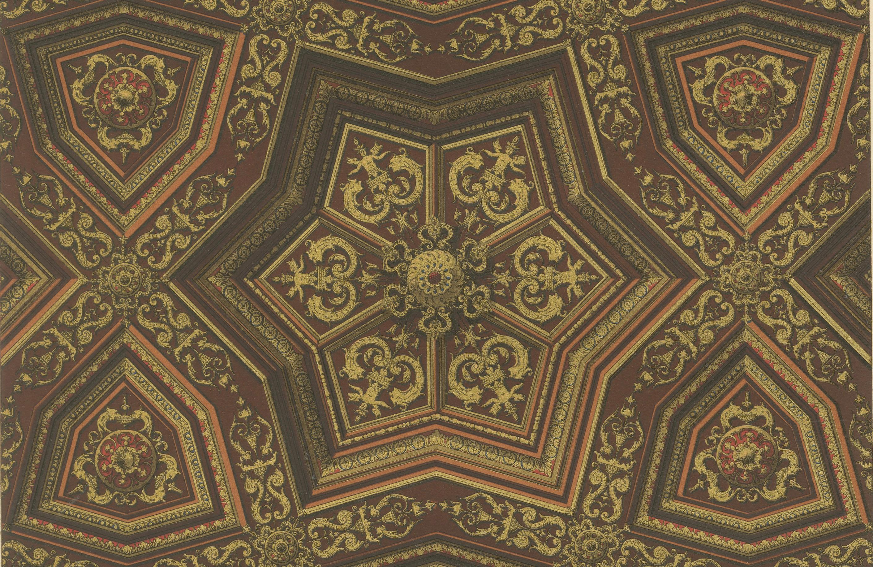 XIXe siècle Plafond de la Renaissance - Panneau géométrique or et rouge, planche LXV, 1869 en vente