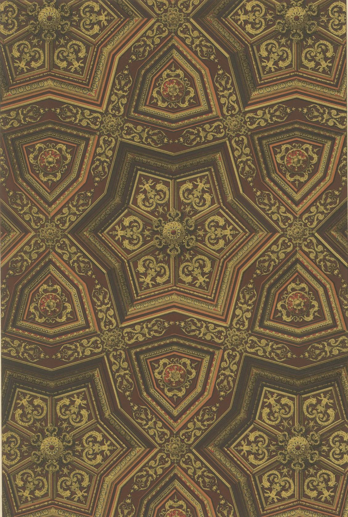 Papier Plafond de la Renaissance - Panneau géométrique or et rouge, planche LXV, 1869 en vente