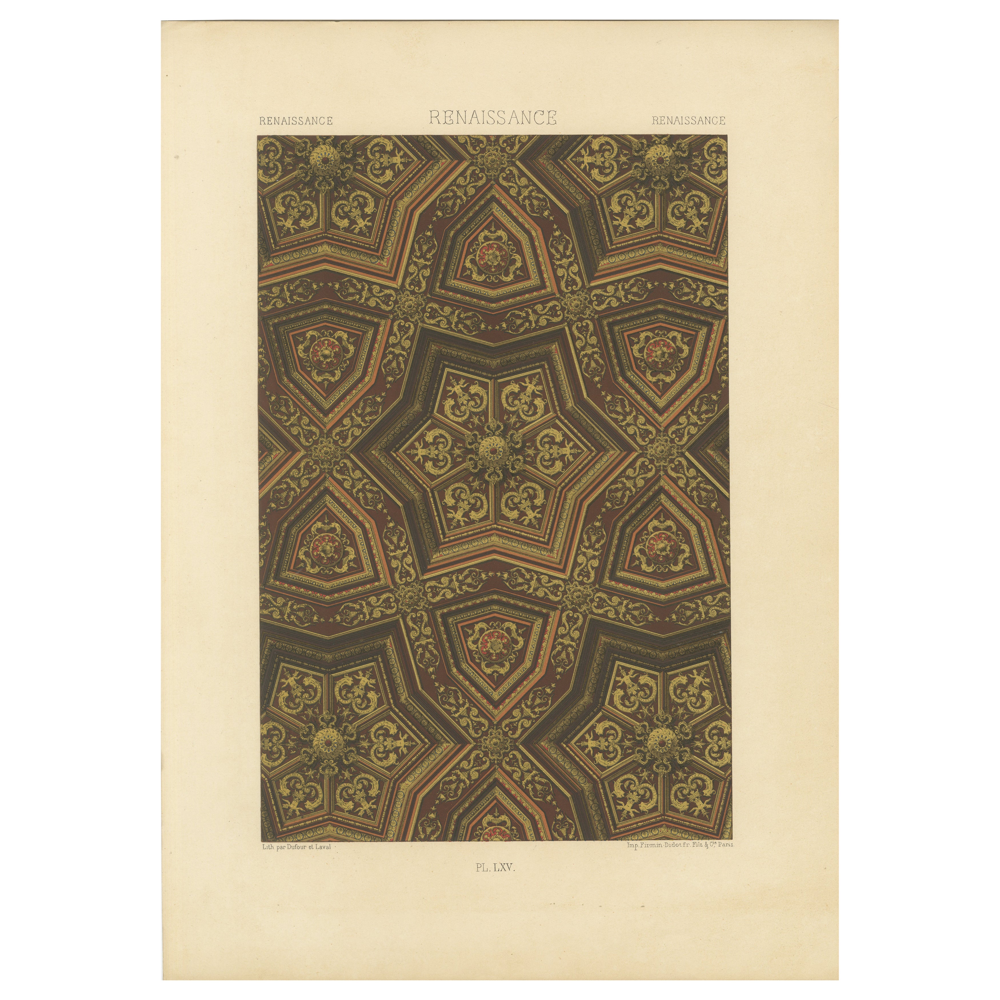Renaissance Ceiling Design – Gold & Red Geometric Panel Pattern, Plate LXV, 1869 For Sale