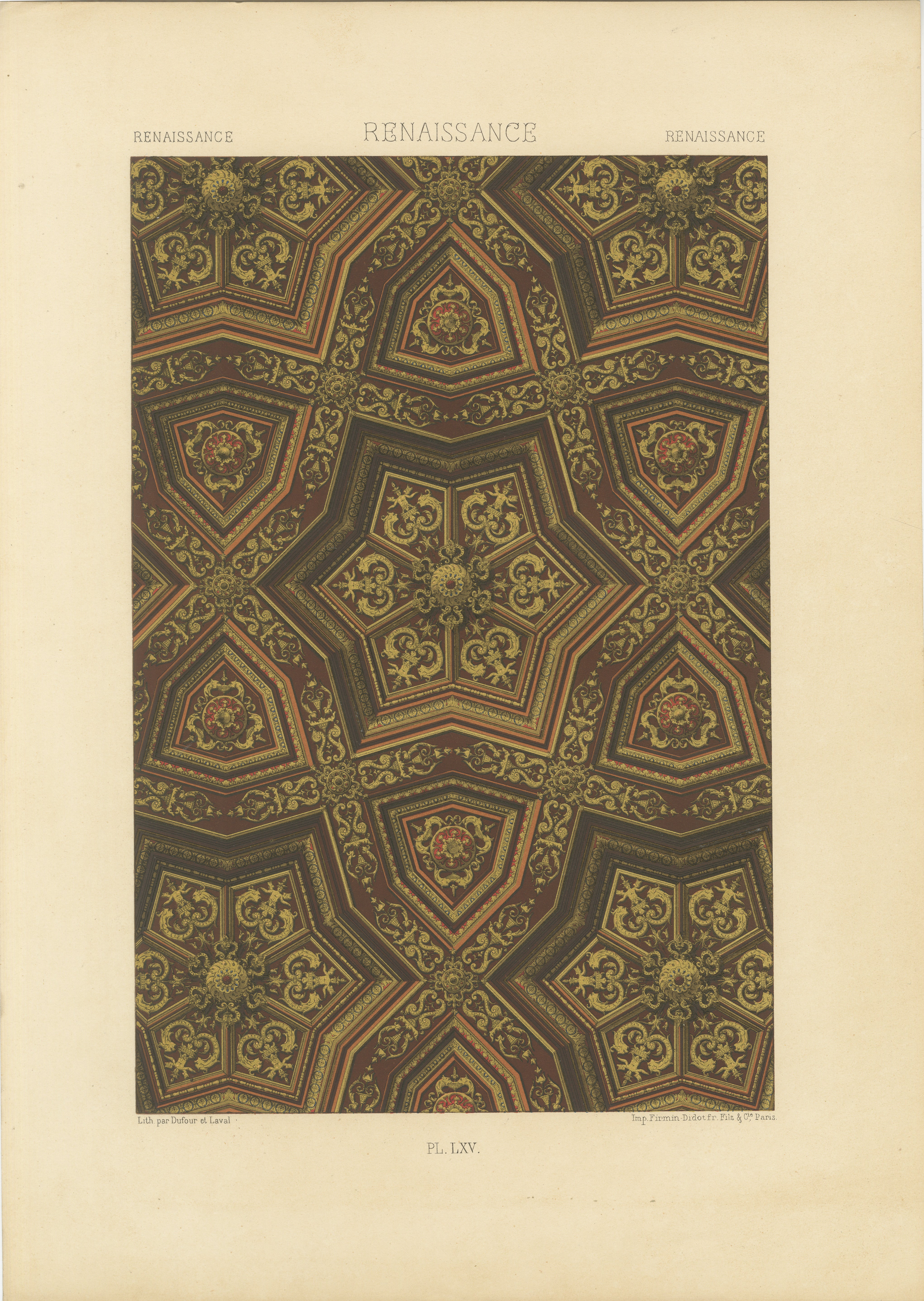 Plafond de la Renaissance - Panneau géométrique or et rouge, planche LXV, 1869 en vente