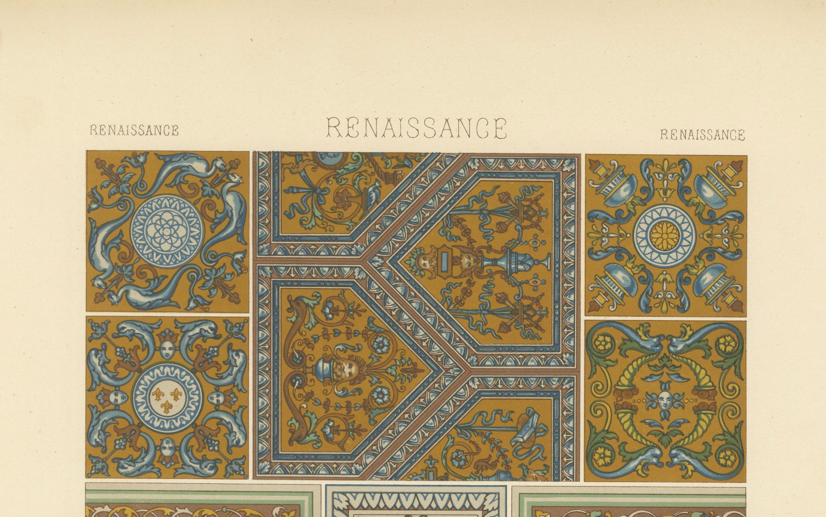 Renaissance Ceiling Designs - Antique Chromolithograph, Pl. LX

Cette vibrante chromolithographie, planche LX de *L'Ornement Polychrome* (Paris, vers 1869), présente une saisissante collection de décorations de plafond de la Renaissance, mettant en