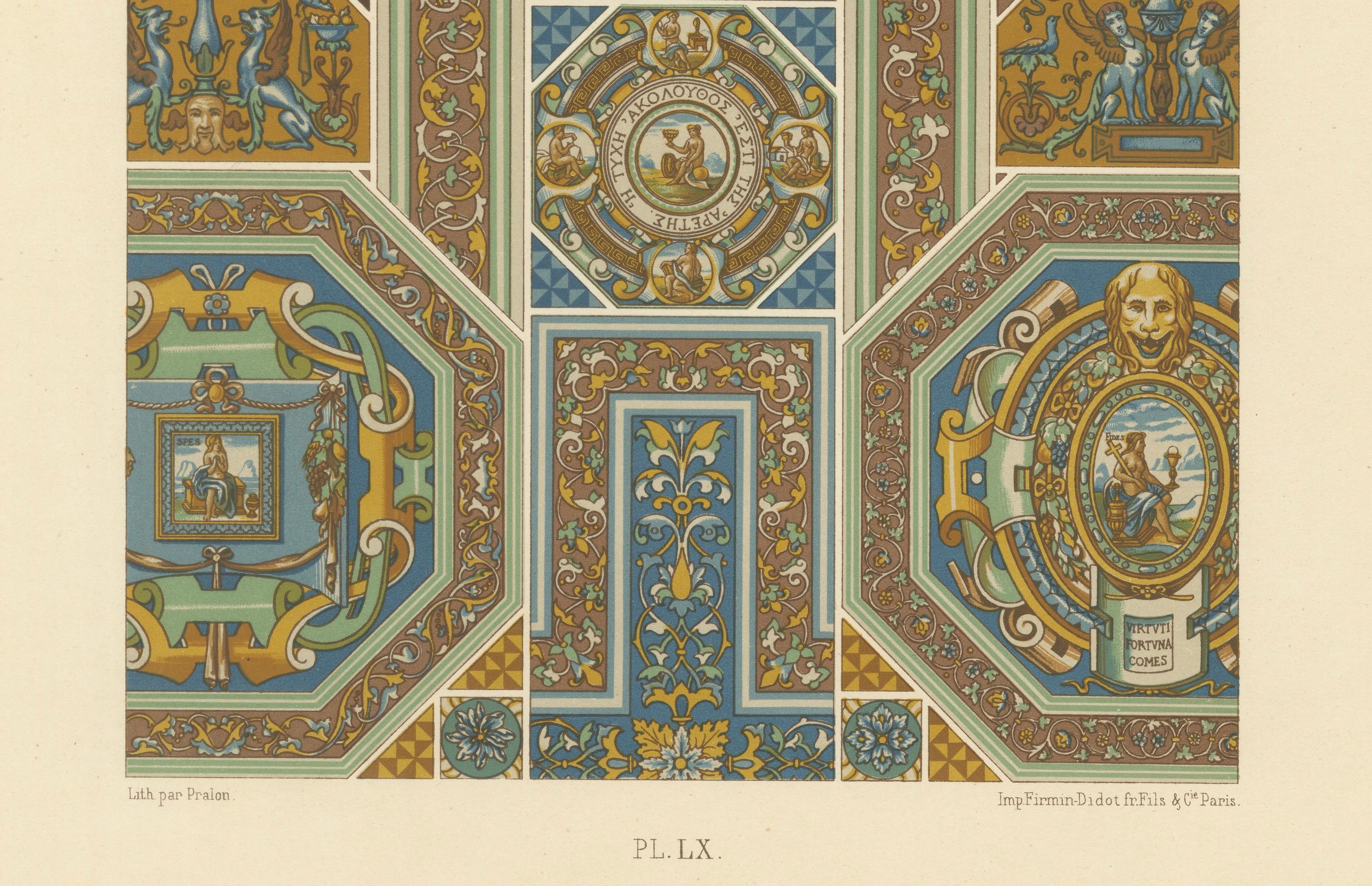 Français Les am designs des plafonds de la Renaissance - Gravure architecturale ancienne, planche LX, 1869 en vente