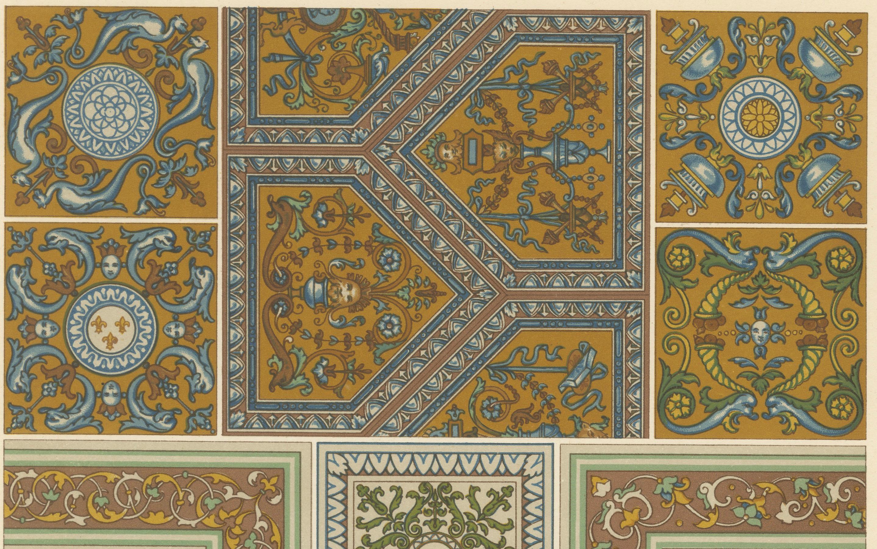 Les am designs des plafonds de la Renaissance - Gravure architecturale ancienne, planche LX, 1869 Bon état - En vente à Langweer, NL
