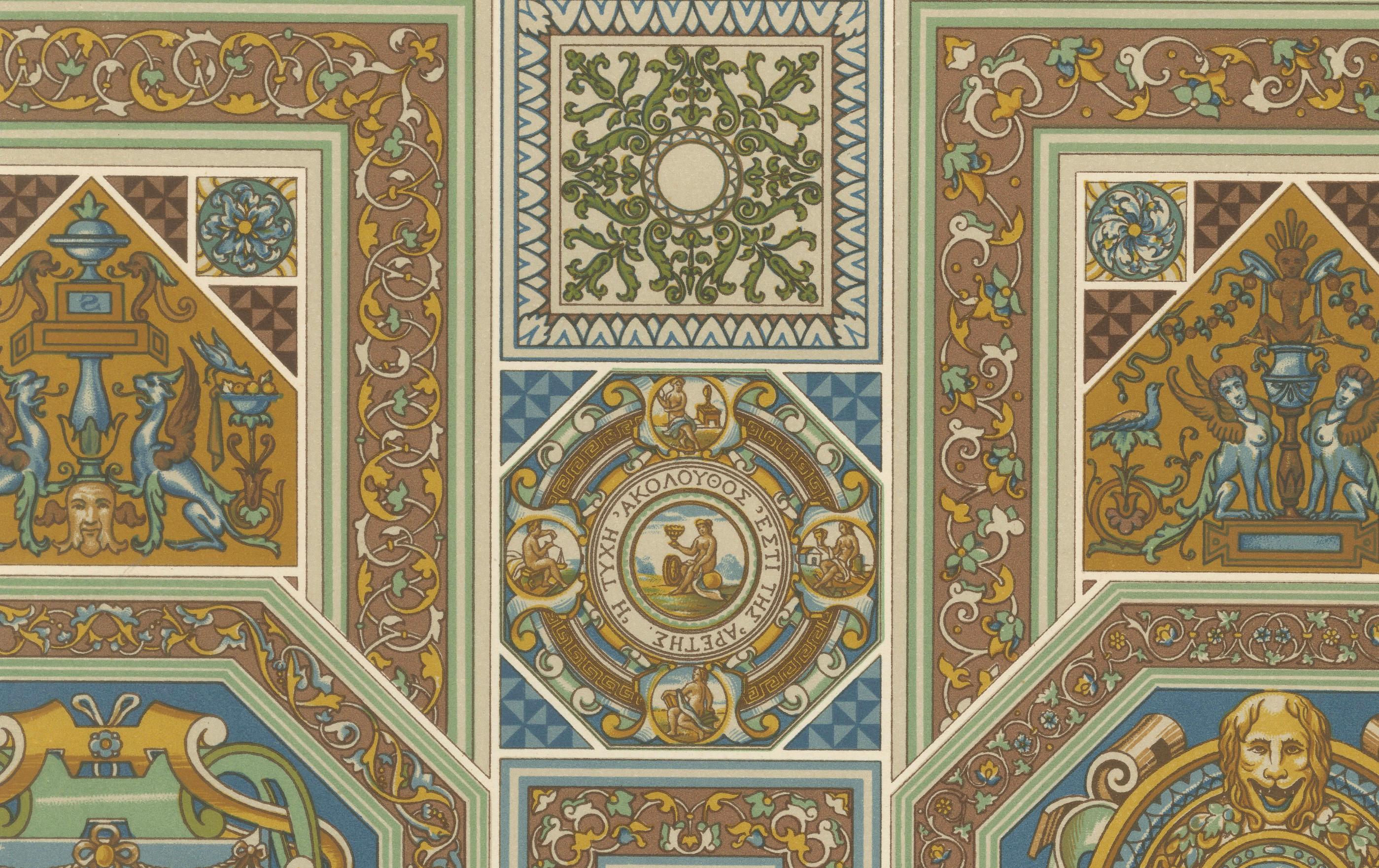 XIXe siècle Les am designs des plafonds de la Renaissance - Gravure architecturale ancienne, planche LX, 1869 en vente