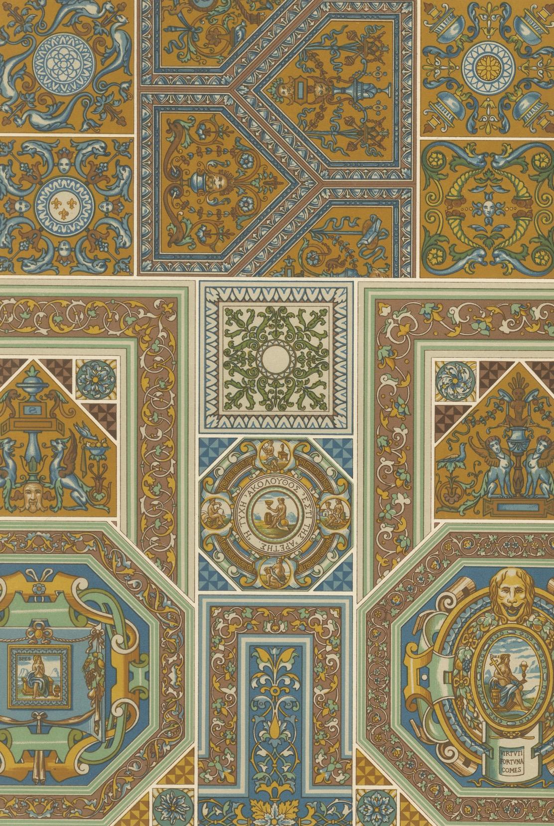 Papier Les am designs des plafonds de la Renaissance - Gravure architecturale ancienne, planche LX, 1869 en vente