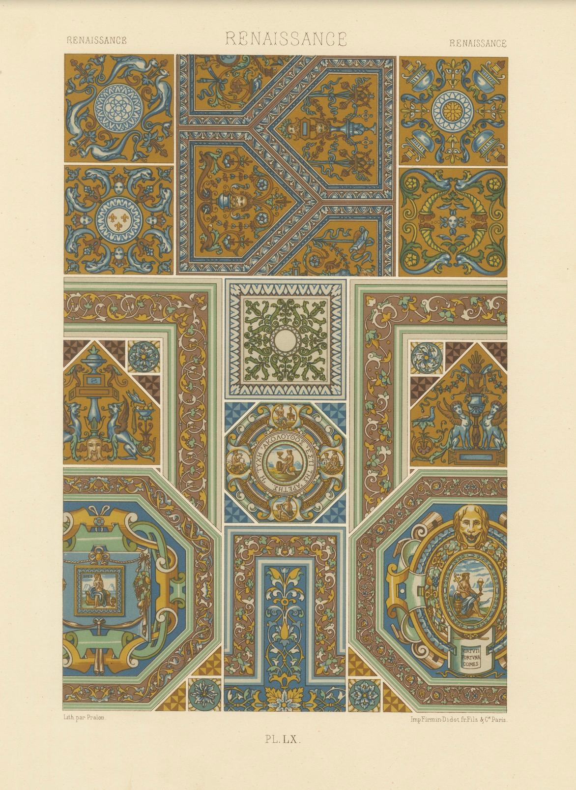 Les am designs des plafonds de la Renaissance - Gravure architecturale ancienne, planche LX, 1869 en vente 1