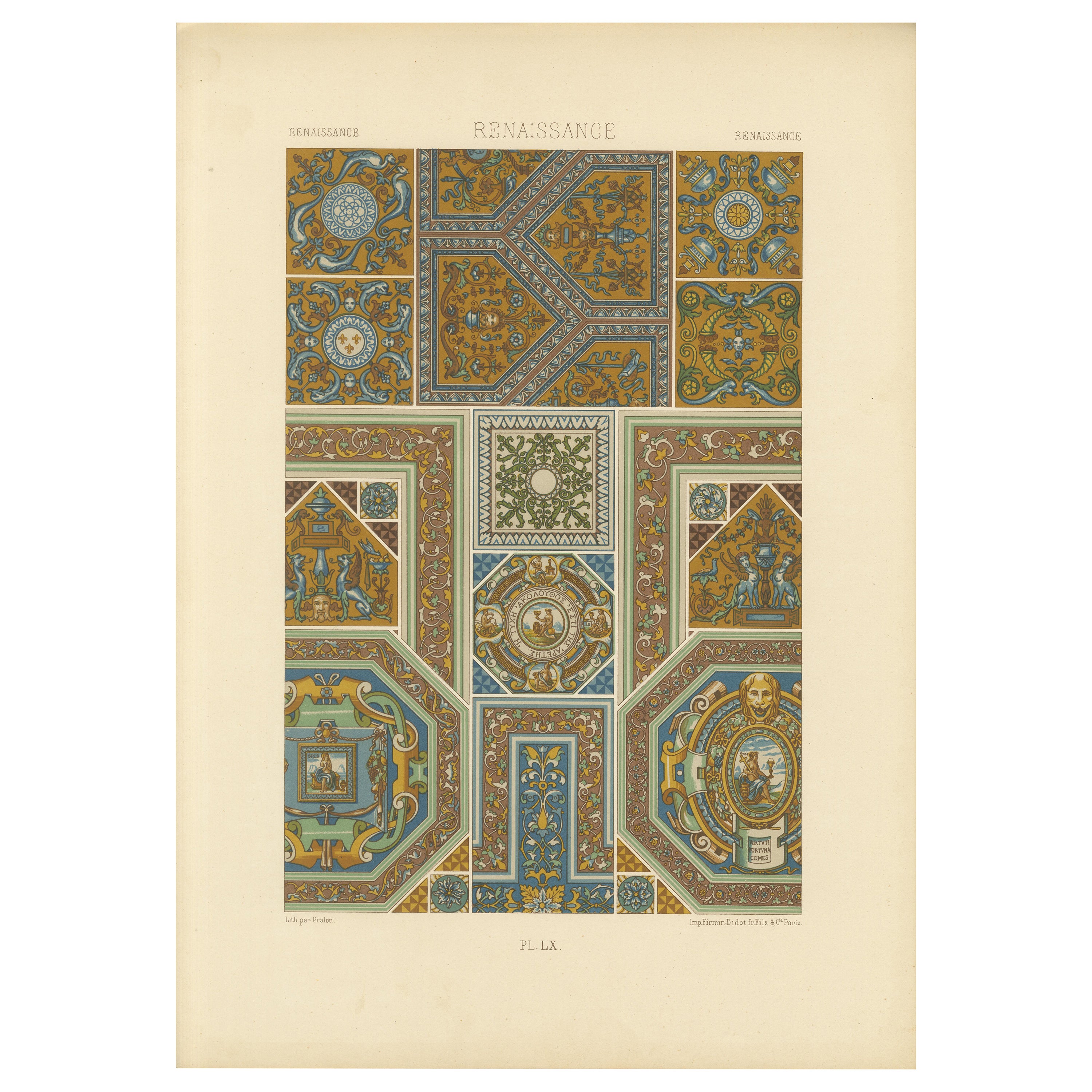 Diseños de techos renacentistas - Grabado arquitectónico antiguo, Placa LX, 1869