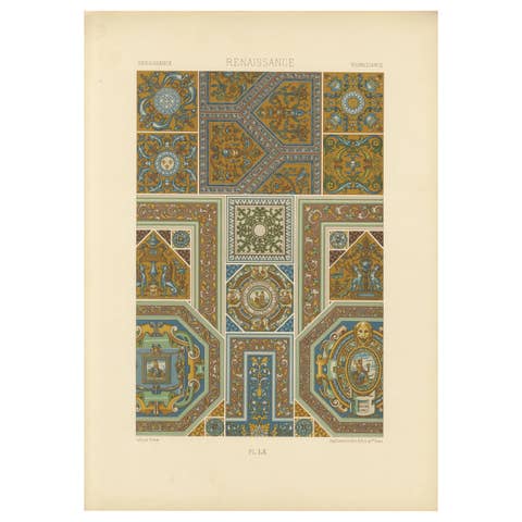Renaissance Ceiling Designs – Antique Architectural Print, Plate LX, 1869