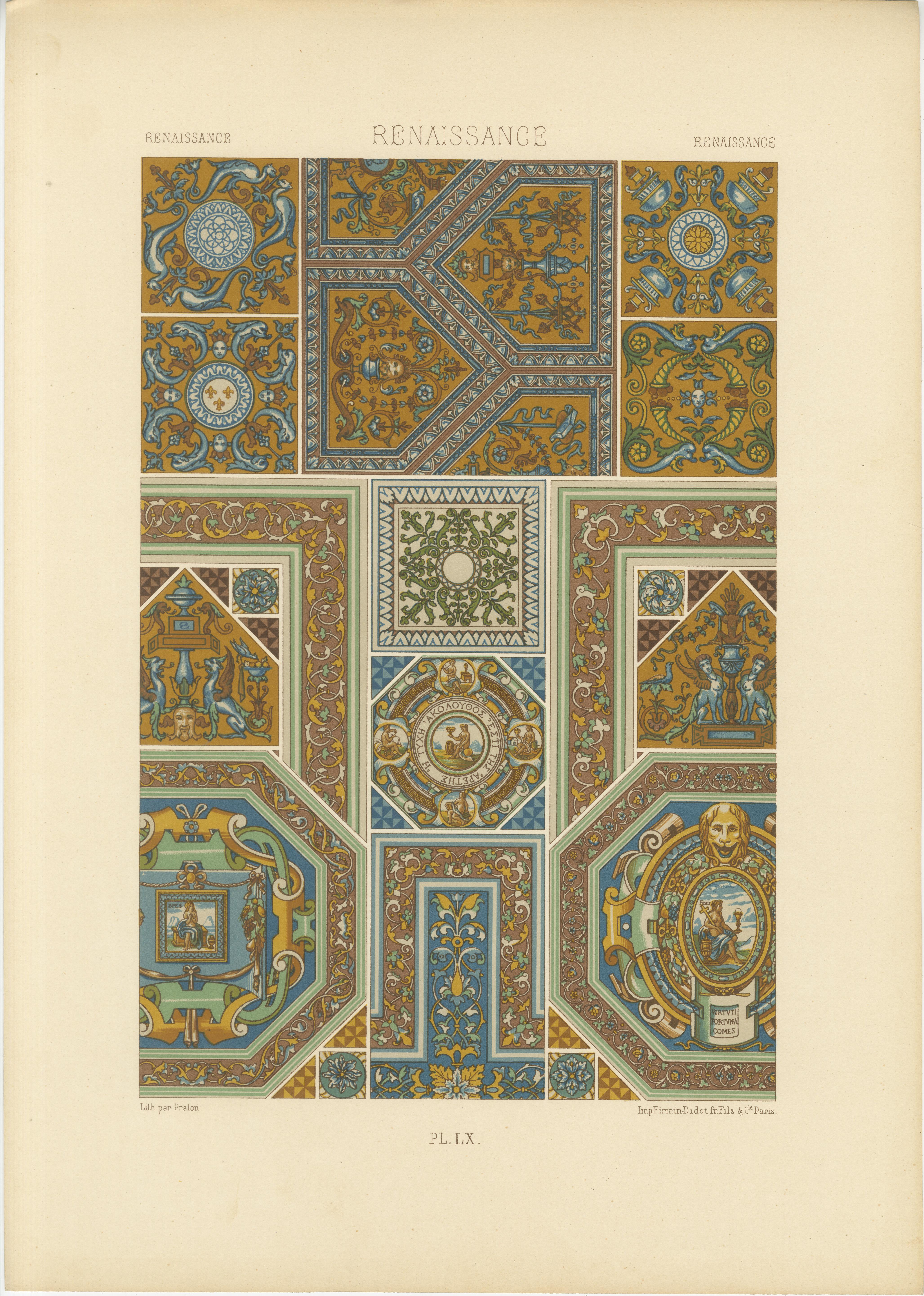Les am designs des plafonds de la Renaissance - Gravure architecturale ancienne, planche LX, 1869 en vente