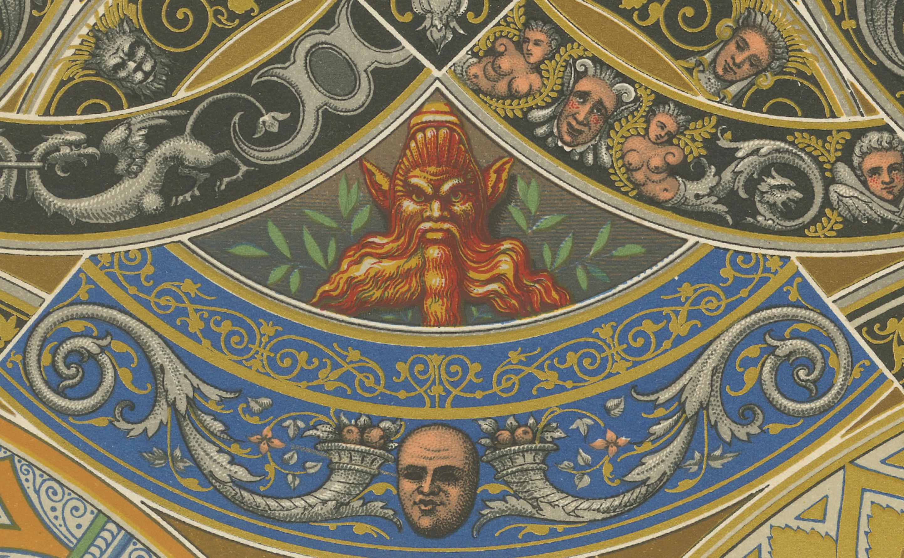 Ornement de plafond Renaissance - Chromolithographie ancienne, Pl. LIX

Cette chromolithographie richement détaillée, planche LIX de *L'Ornement Polychrome* (Paris, vers 1869), présente une composition éblouissante de décorations de plafond de la