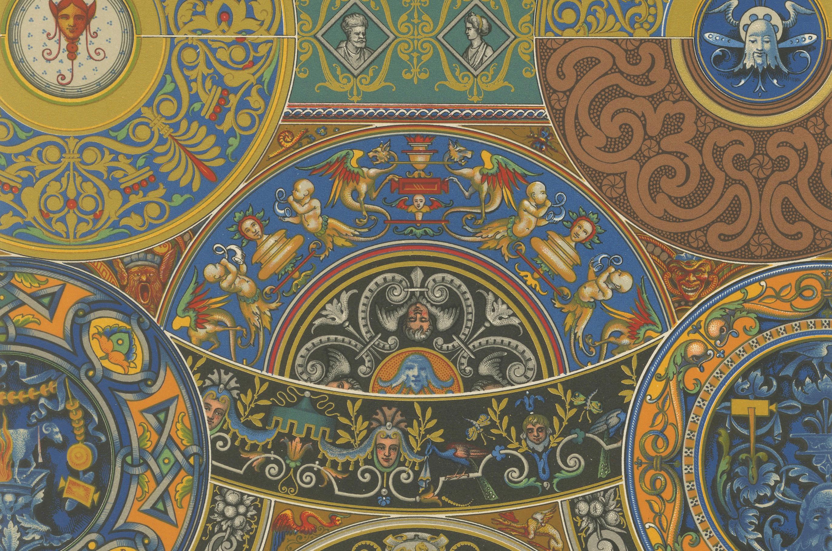 Français Ornement de plafond Renaissance - Estampe décorative ancienne, planche LIX, 1869 en vente