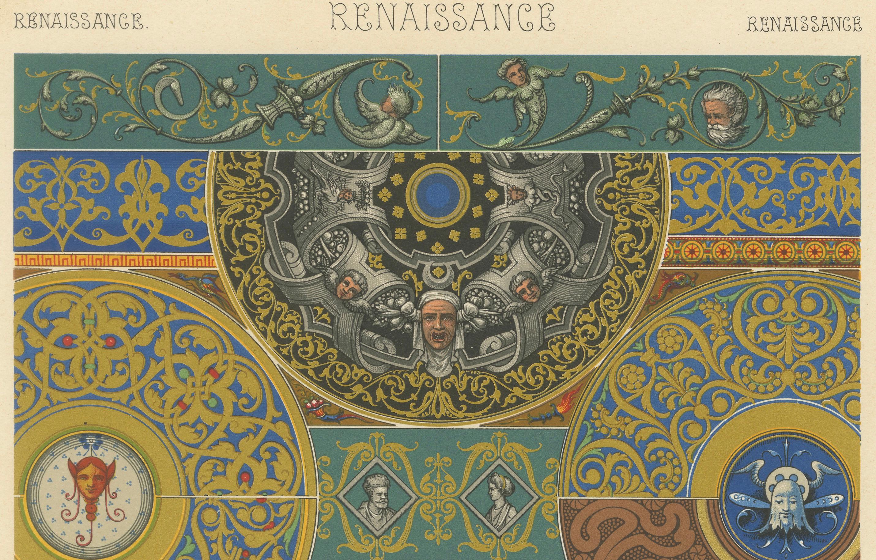 Ornement de plafond Renaissance - Estampe décorative ancienne, planche LIX, 1869 Bon état - En vente à Langweer, NL