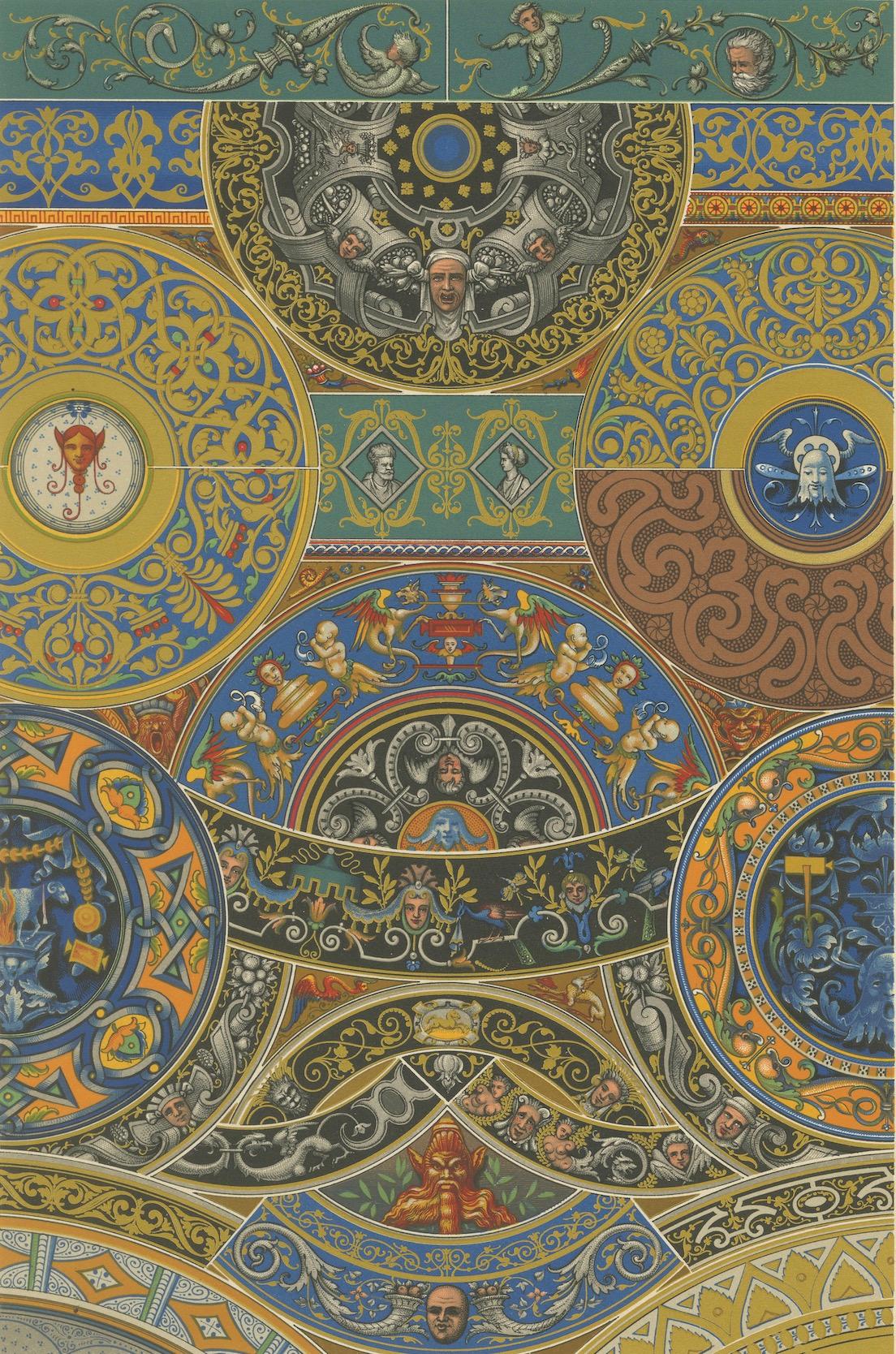 XIXe siècle Ornement de plafond Renaissance - Estampe décorative ancienne, planche LIX, 1869 en vente