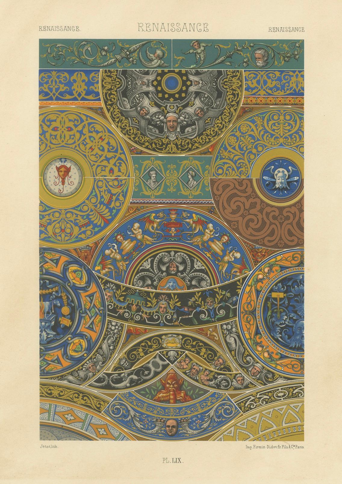 Papier Ornement de plafond Renaissance - Estampe décorative ancienne, planche LIX, 1869 en vente