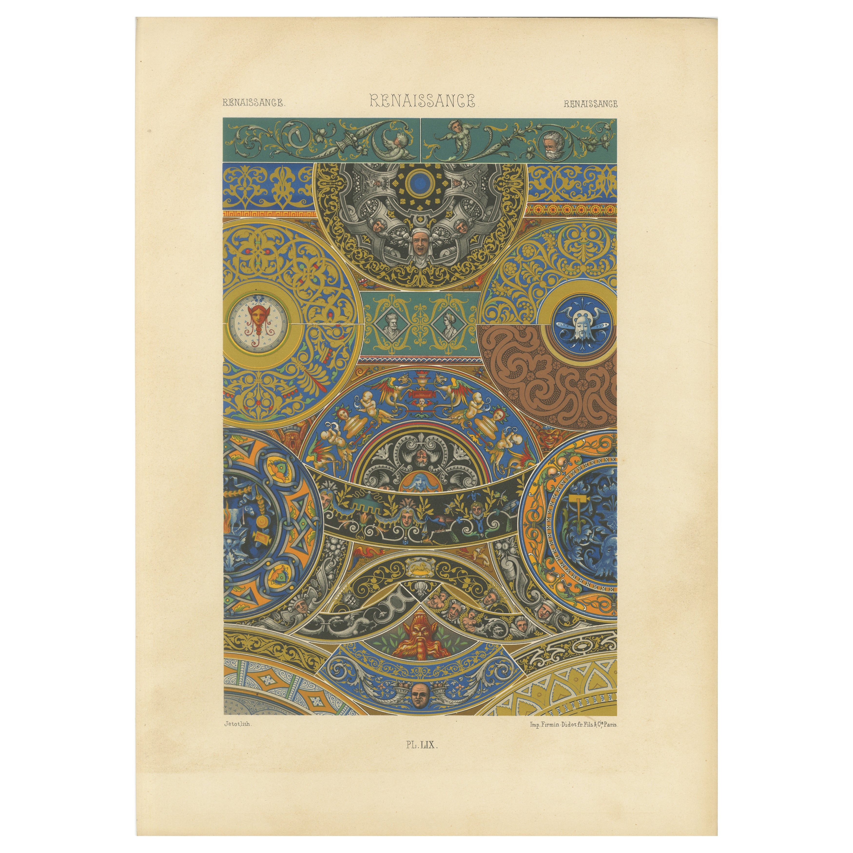 Adorno de techo renacentista - Grabado decorativo antiguo, Lámina LIX, 1869 en venta