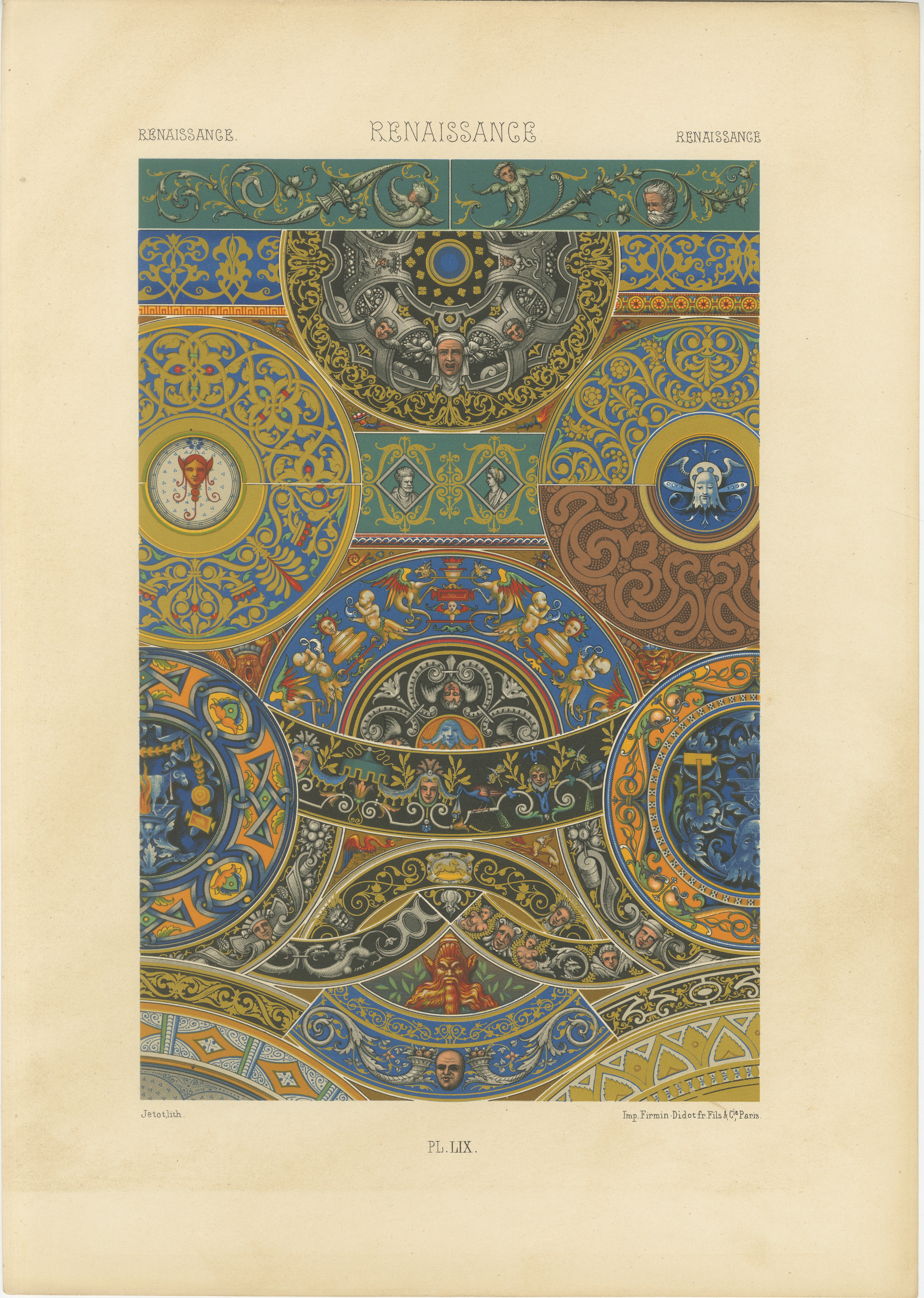 Ornement de plafond Renaissance - Estampe décorative ancienne, planche LIX, 1869 en vente