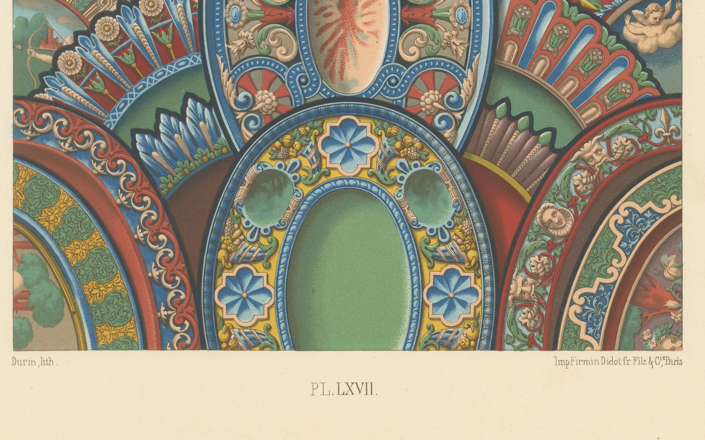 Ornement de plafond de la Renaissance - Médaillons de fresques mythologiques et grotesques, planche LXVII

Cette étonnante chromolithographie tirée de *L'Ornement Polychrome*, planche LXVII, présente un ensemble de décorations complexes de plafond