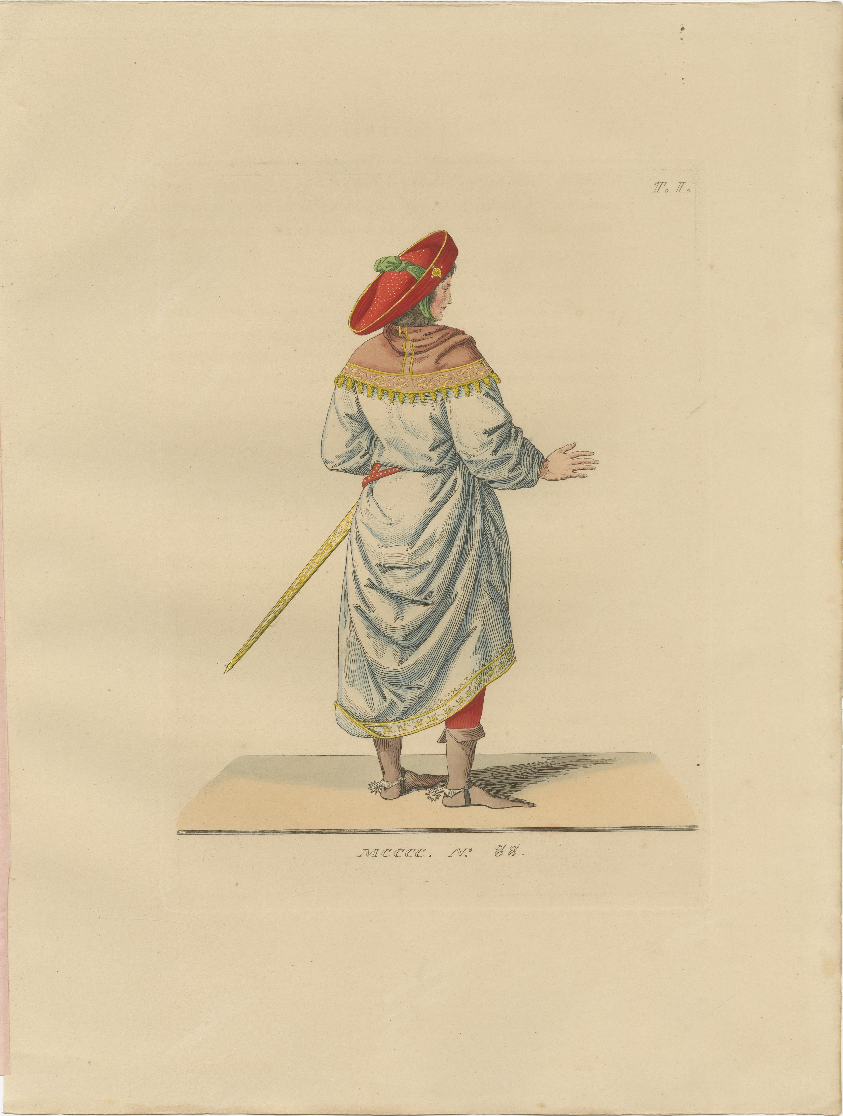 Renaissance Courtier Seen from Behind, Red Hat and Sword, circa 15th Century

This distinctive costume plate, No. 88 from the seminal 1845 publication Costumes Historiques des XIIIe, XIVe et XVe Siècles, offers an uncommon rear-view portrayal of a