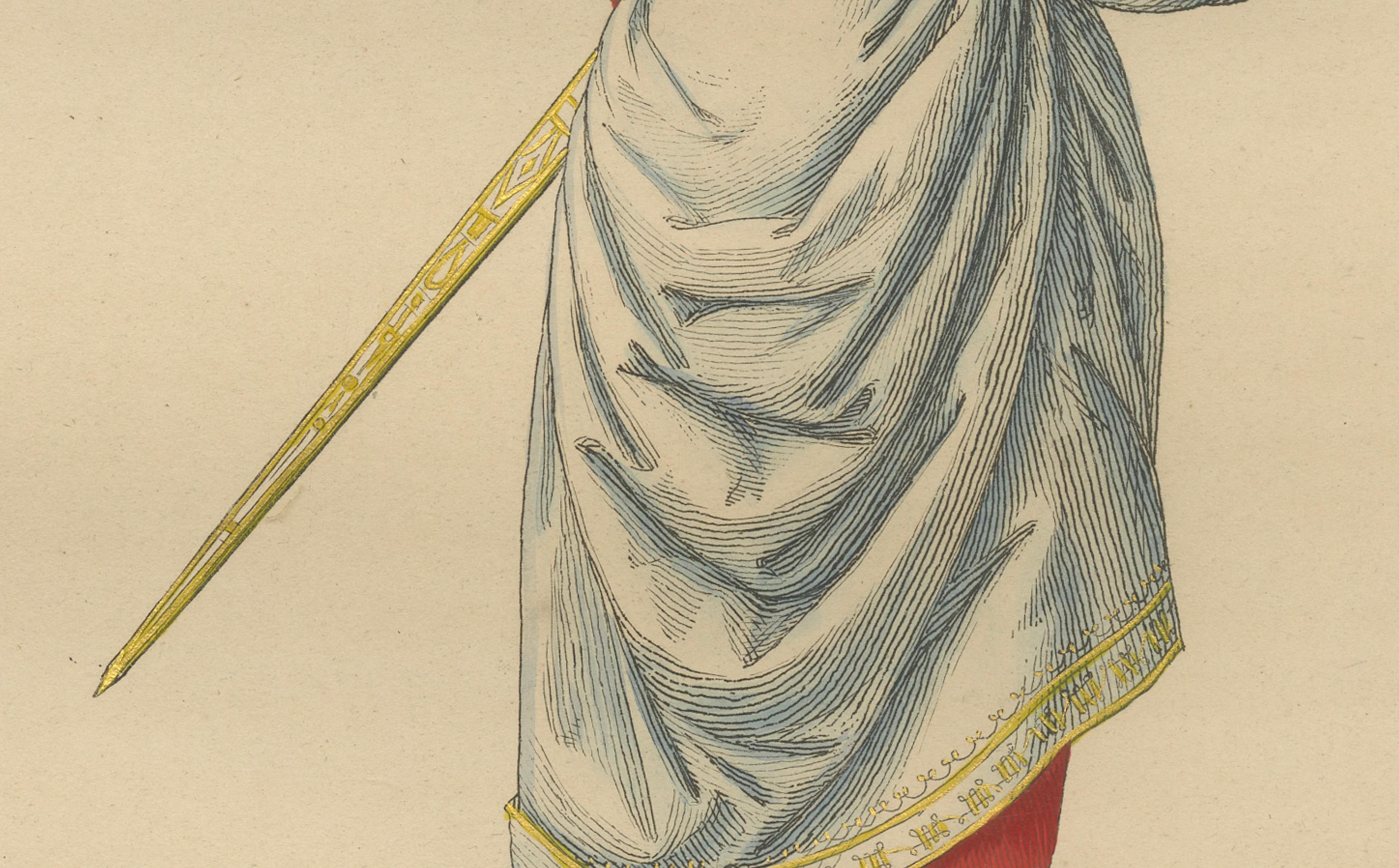 Engraved Renaissance Courtier from Behind – Red Hat and Sword, 15th Century, pub.1845 For Sale