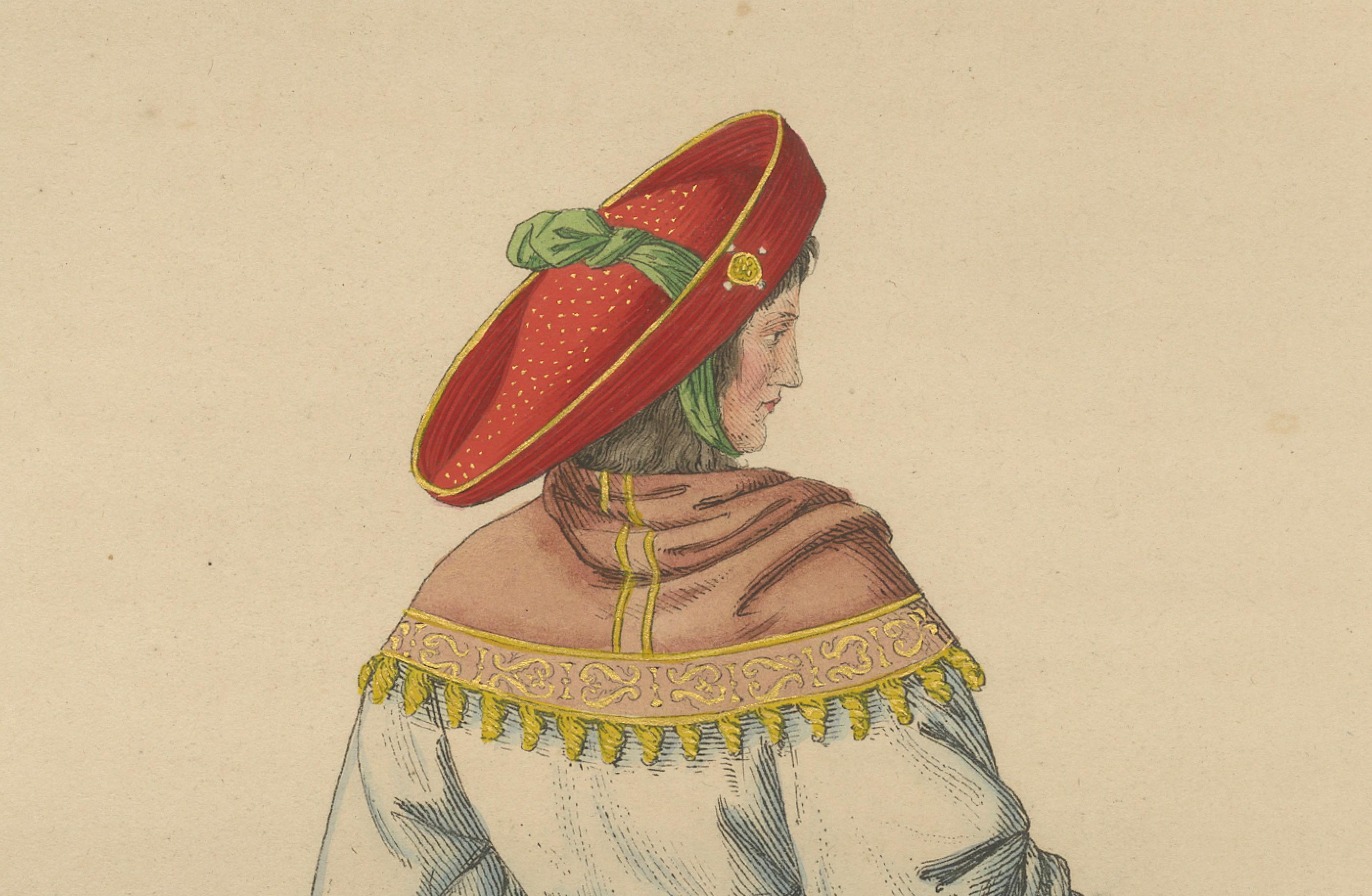 Renaissance Courtier from Behind – Red Hat and Sword, 15th Century, pub.1845 In Good Condition For Sale In Langweer, NL