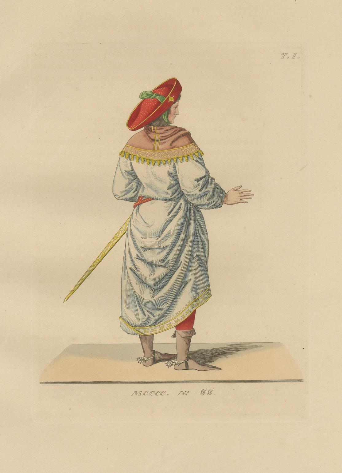 19th Century Renaissance Courtier from Behind – Red Hat and Sword, 15th Century, pub.1845 For Sale