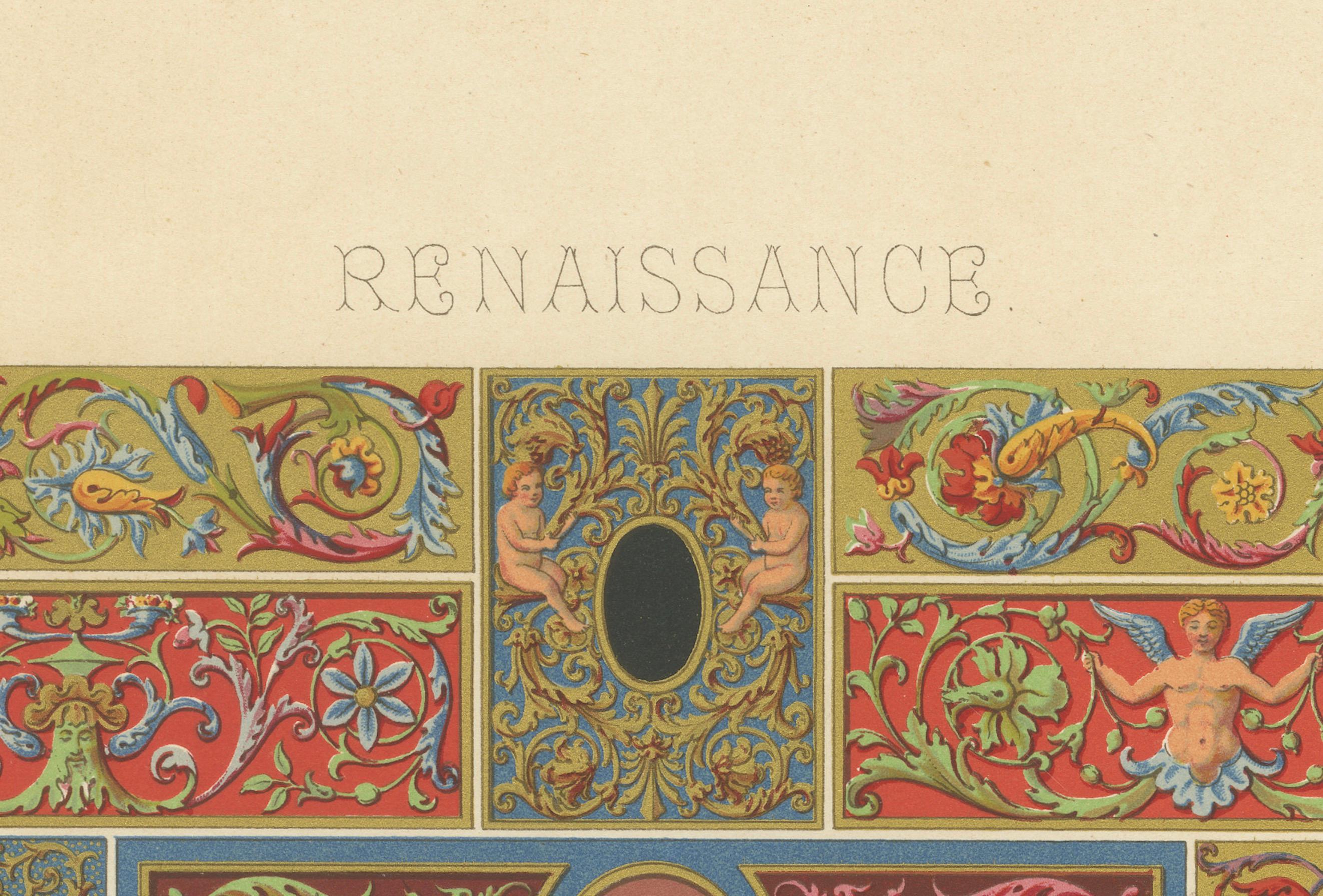 Dekorative Bordüren & Paneele aus der Renaissance - Farbenprächtige Grotesken, Pl. LVII

Diese aufwendige Chromolithografie, Tafel LVII aus der einflussreichen Serie *L'Ornement Polychrome* (Paris, um 1869), zeigt eine lebendige Auswahl von Bordüren