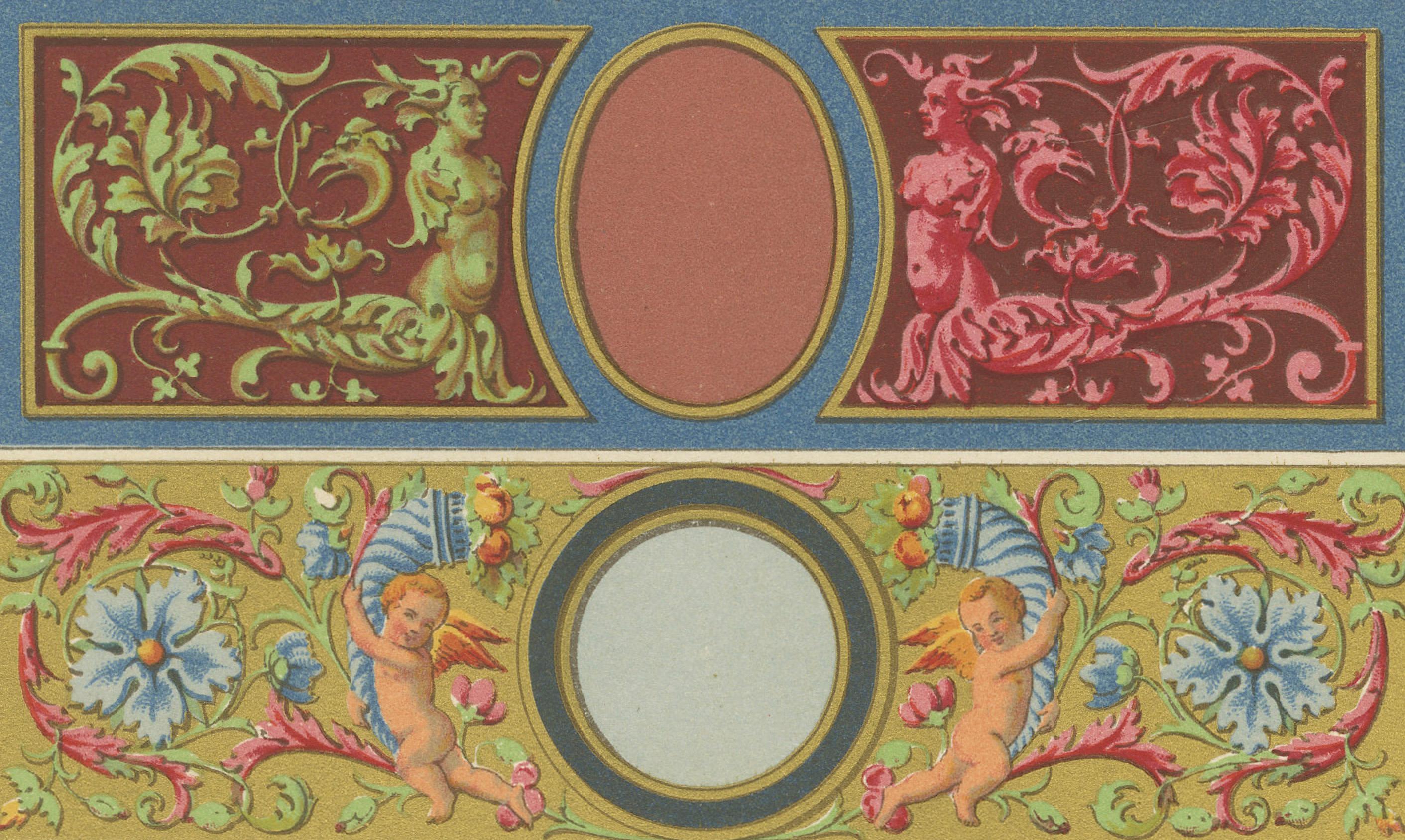 Dekorative Bordüren und Paneele aus der Renaissance - Reich kolorierte Grotesken, 1869 (Französisch) im Angebot