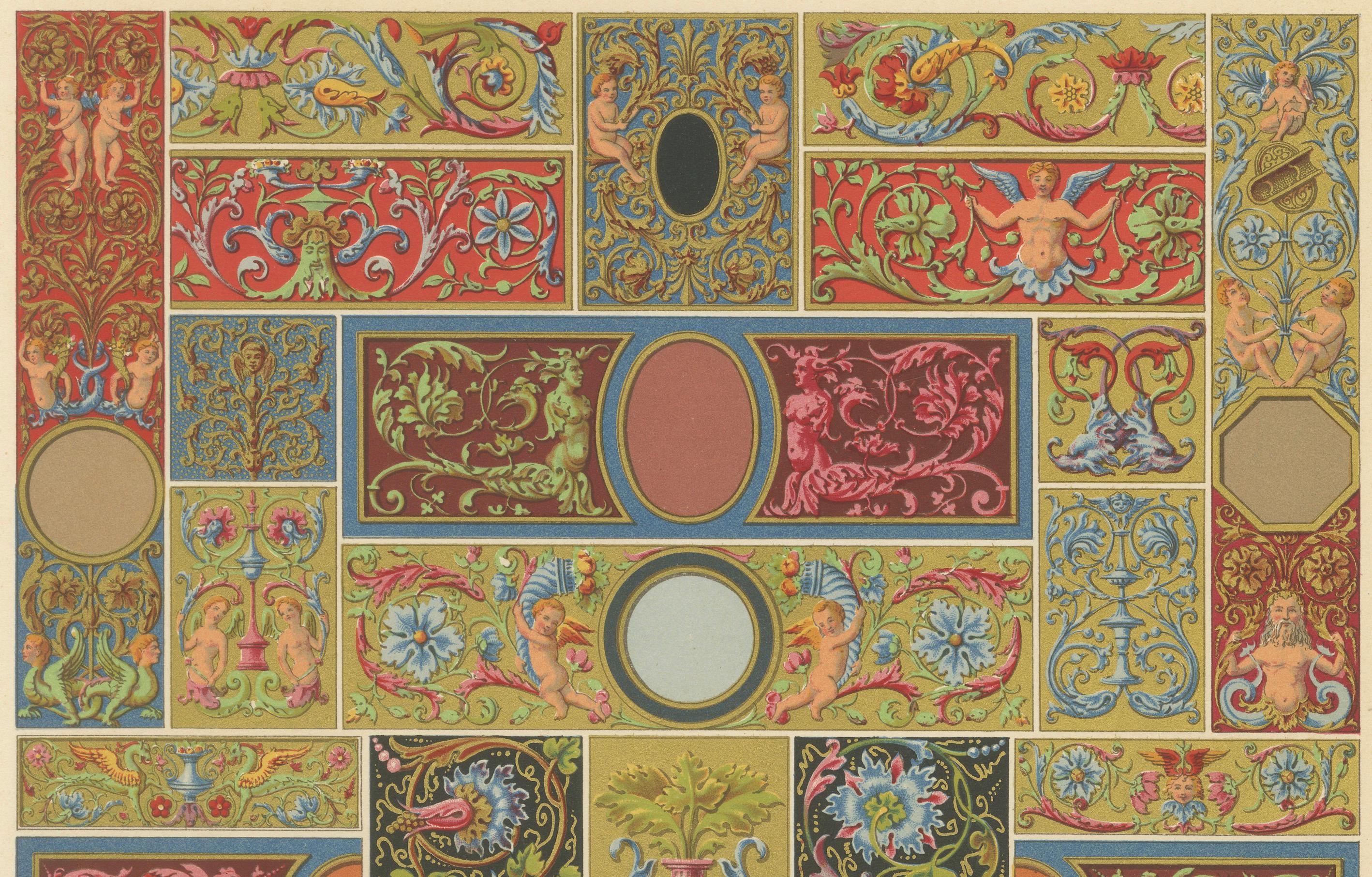 Dekorative Bordüren und Paneele aus der Renaissance - Reich kolorierte Grotesken, 1869 (Papier) im Angebot