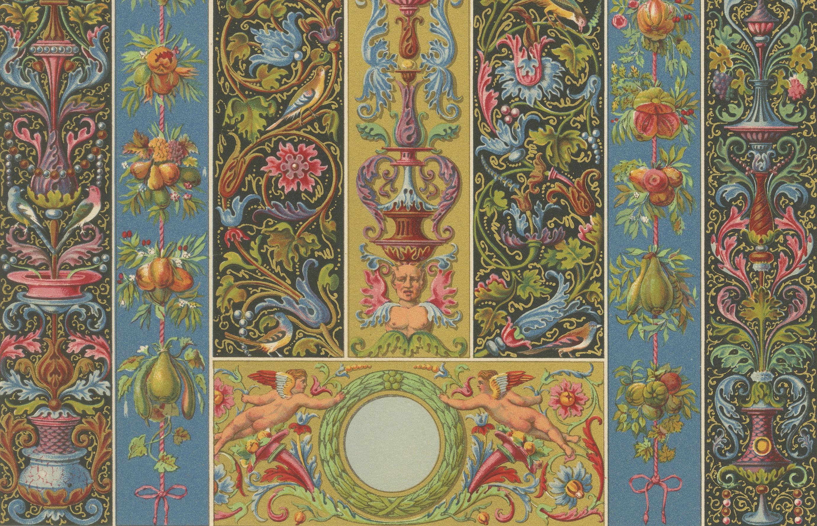 Dekorative Bordüren und Paneele aus der Renaissance - Reich kolorierte Grotesken, 1869 im Angebot 1