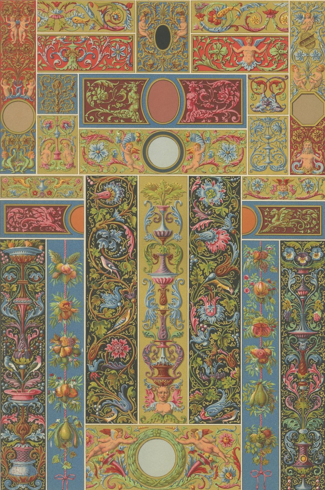 Dekorative Bordüren und Paneele aus der Renaissance - Reich kolorierte Grotesken, 1869 im Angebot 2