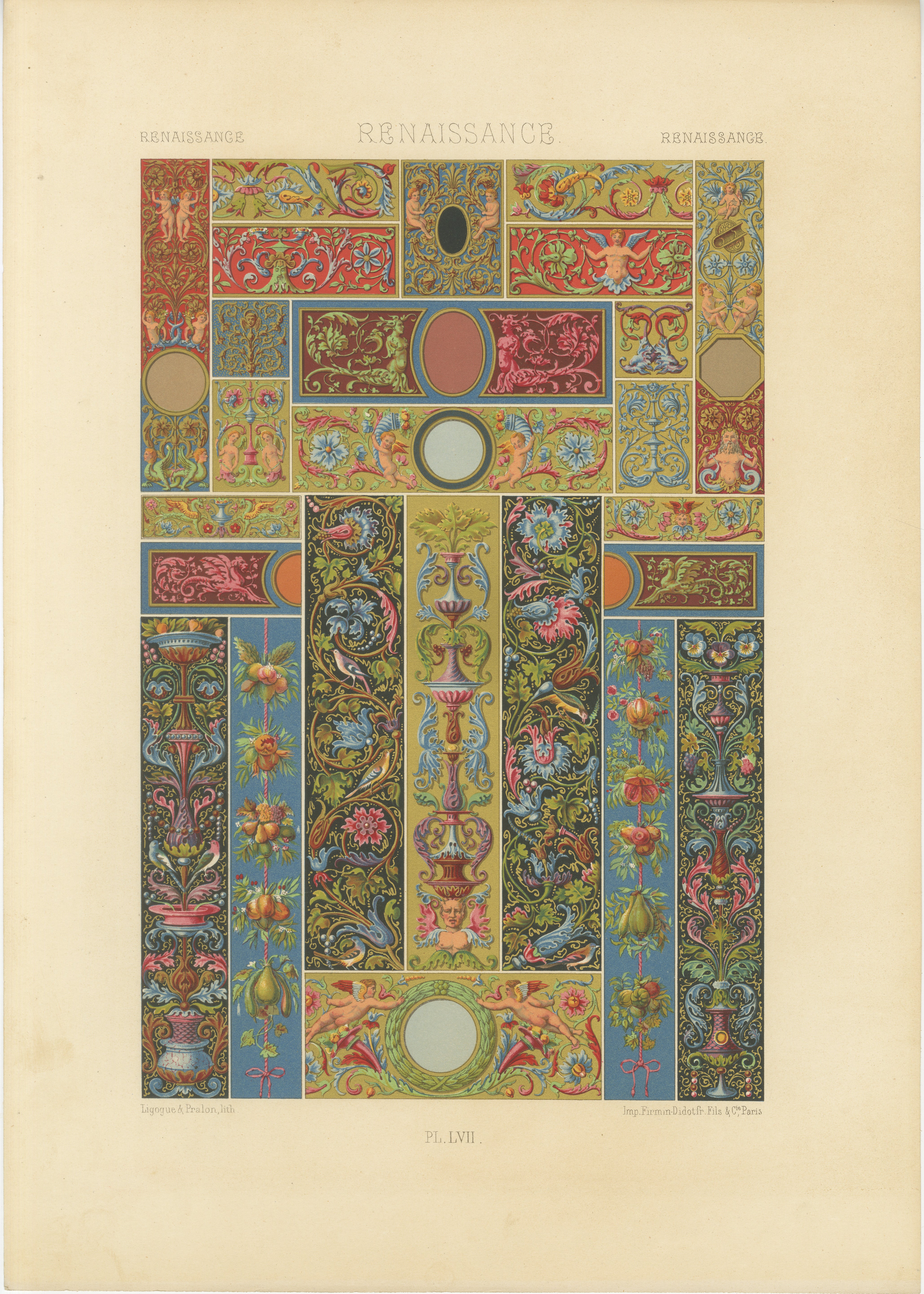Bordes y paneles decorativos renacentistas - Grotescos ricamente coloreados, 1869