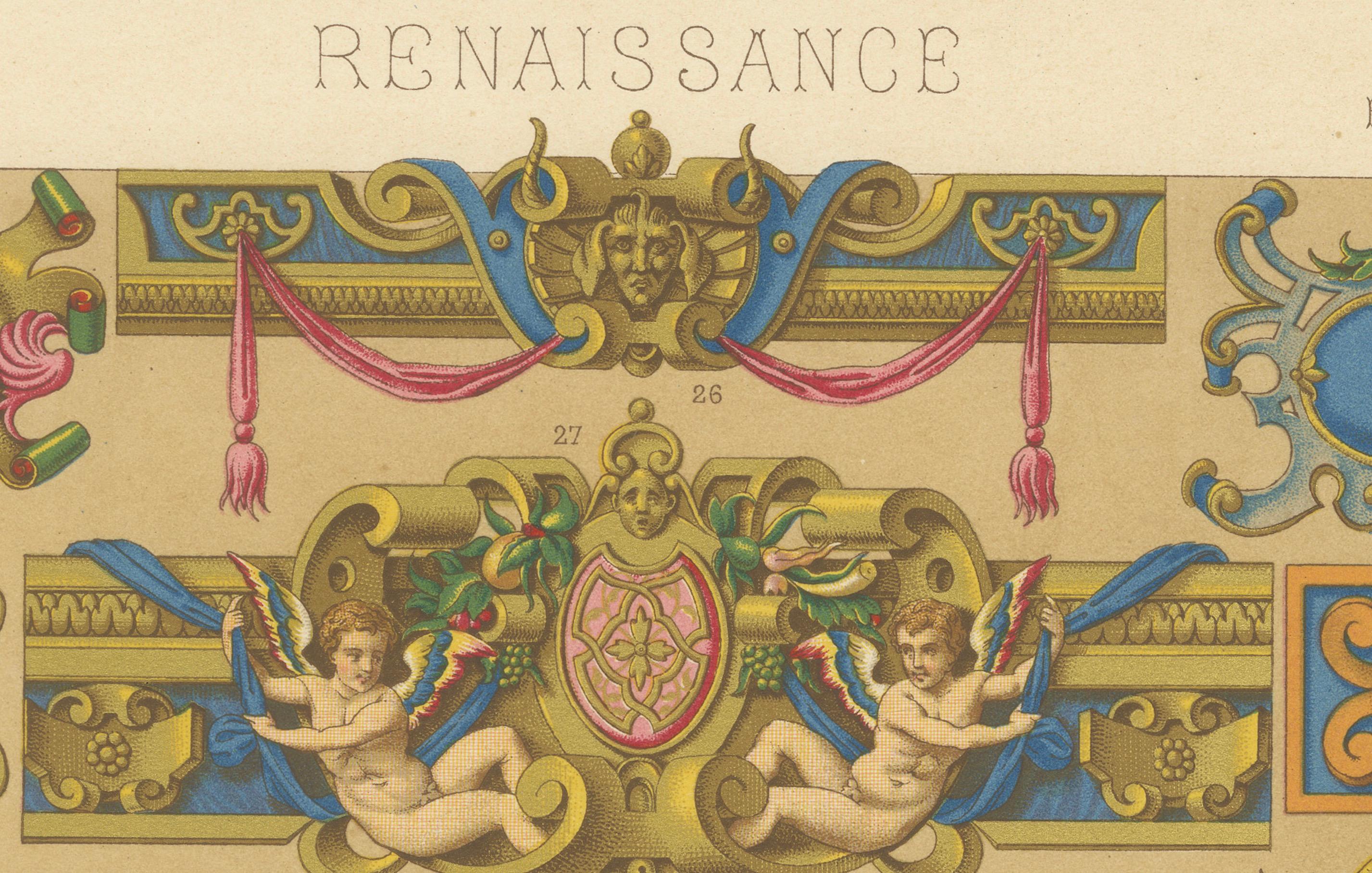 XIXe siècle Cartouches et motifs décoratifs de la Renaissance - Lithographie ancienne, vers 1869 en vente