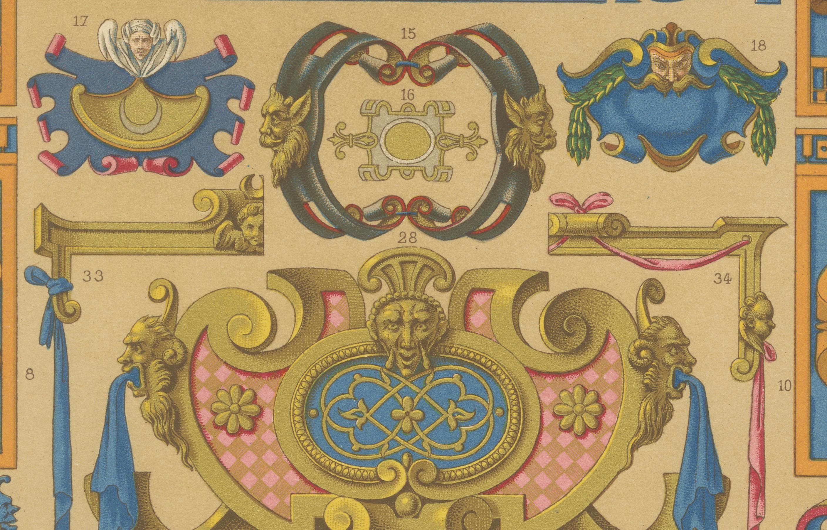 Papier Cartouches et motifs décoratifs de la Renaissance - Lithographie ancienne, vers 1869 en vente