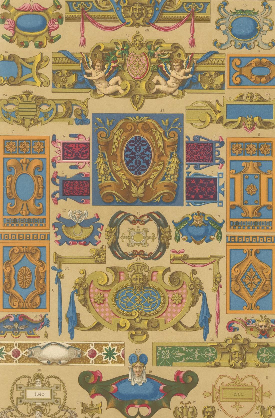 Cartouches et motifs décoratifs de la Renaissance - Lithographie ancienne, vers 1869 en vente 1