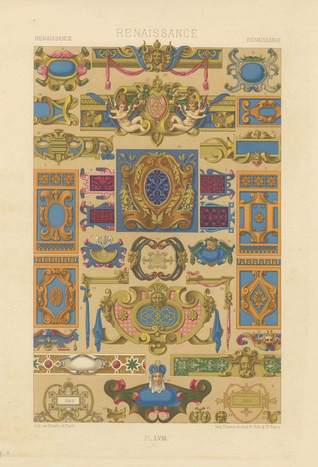 Cartouches et motifs décoratifs de la Renaissance - Lithographie ancienne, vers 1869 en vente 2