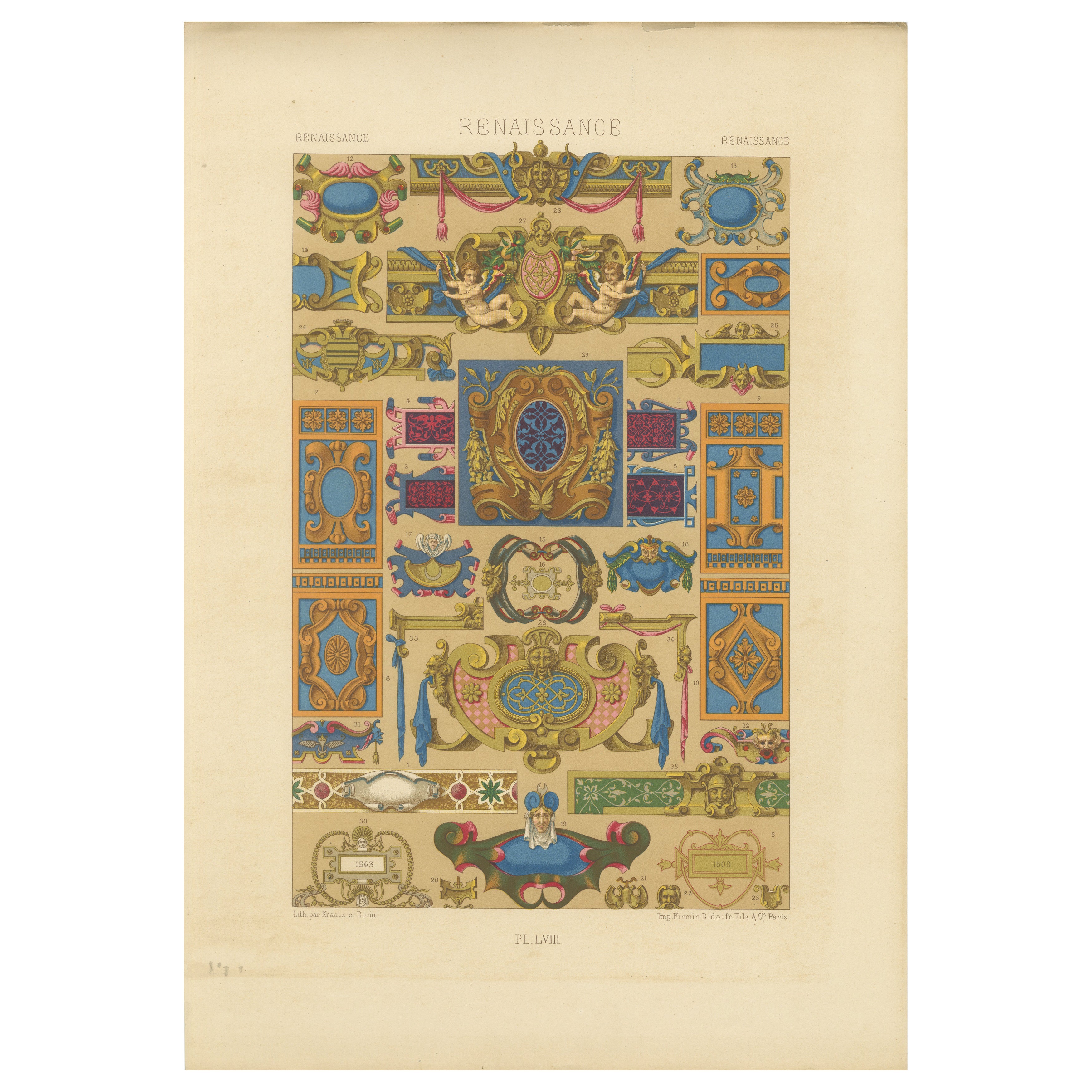 Cartuchos y motivos decorativos renacentistas - Litografía antigua, ca.1869
