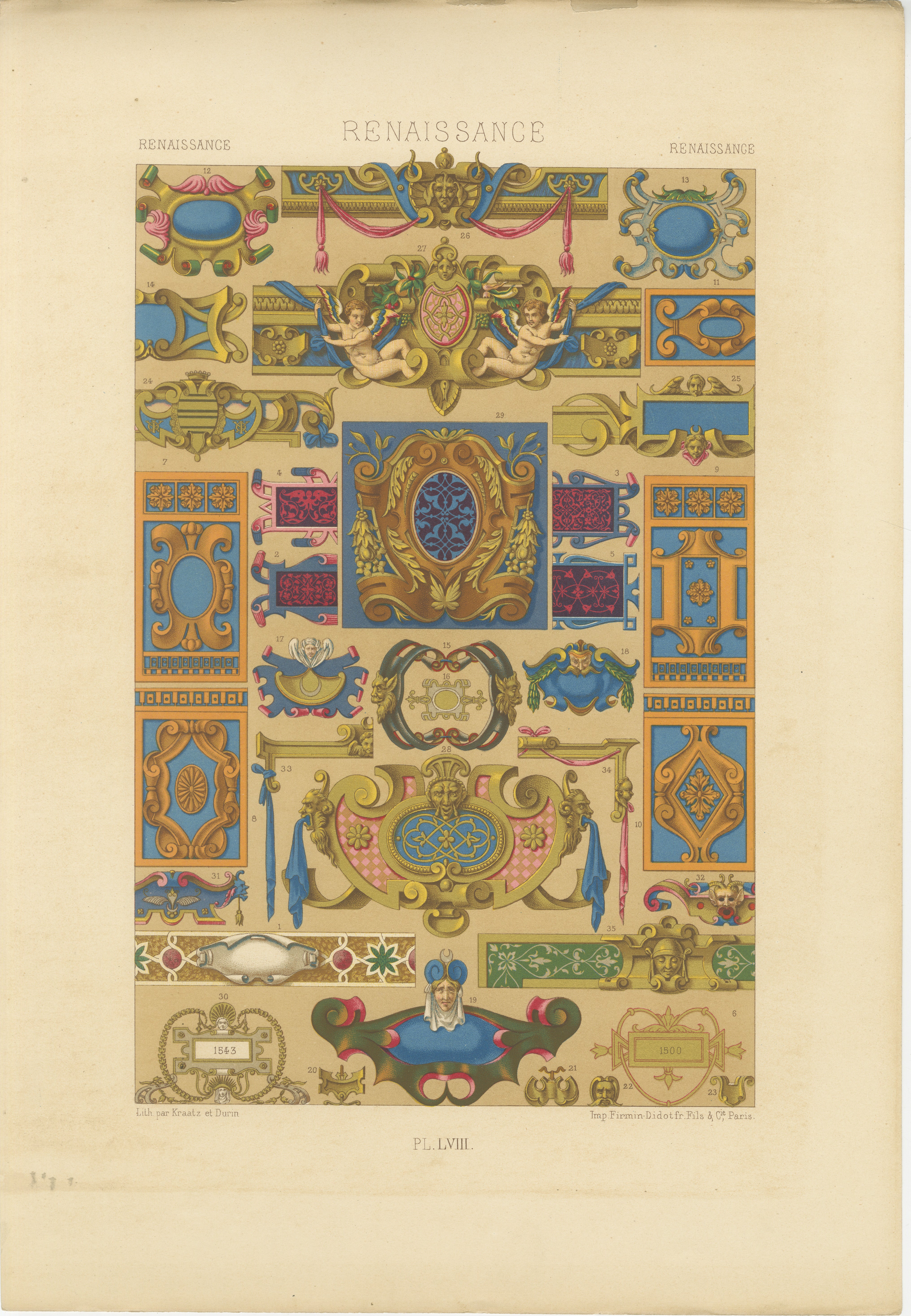 Cartouches et motifs décoratifs de la Renaissance - Lithographie ancienne, vers 1869 en vente