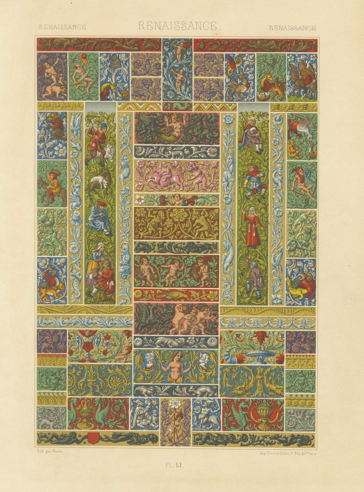 Frisos decorativos renacentistas - Grotescos, querubines y heráldica, Lámina LI, c.1869

Esta deslumbrante cromolitografía del Plato LI de L'Ornement Polychrome de Albert Racinet muestra una vibrante colección de frisos y paneles ornamentales