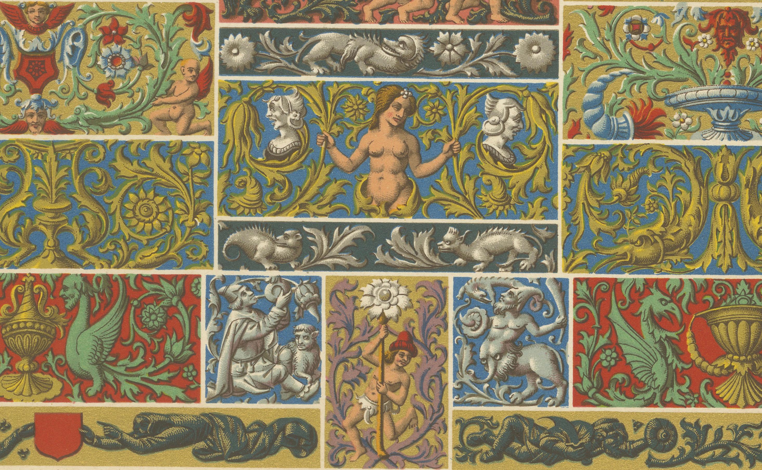 Frisos decorativos renacentistas - Grotescos, querubines y heráldica, Lámina LI, 1869 Francés en venta