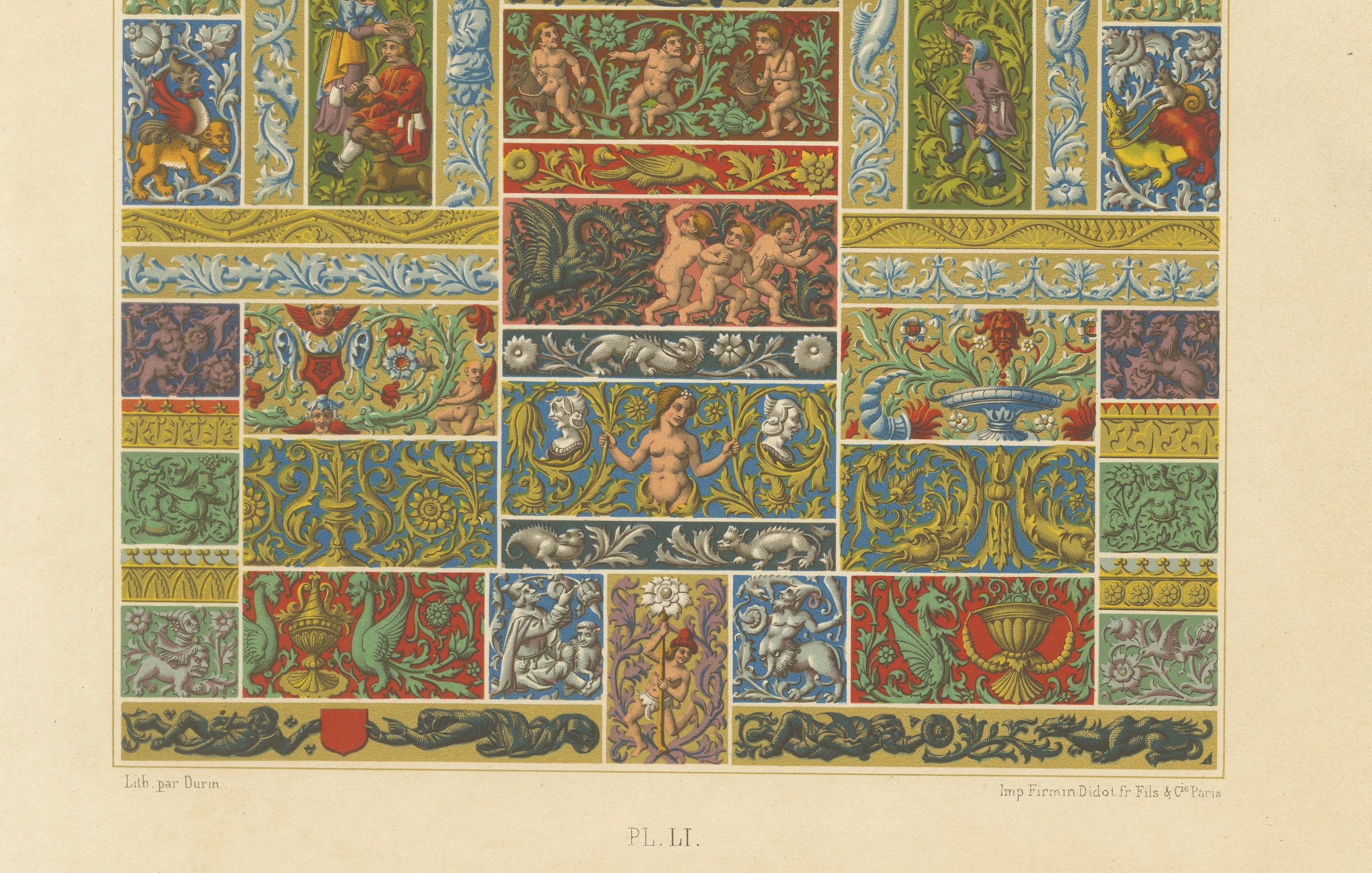 Frisos decorativos renacentistas - Grotescos, querubines y heráldica, Lámina LI, 1869 en Bueno estado para la venta en Langweer, NL
